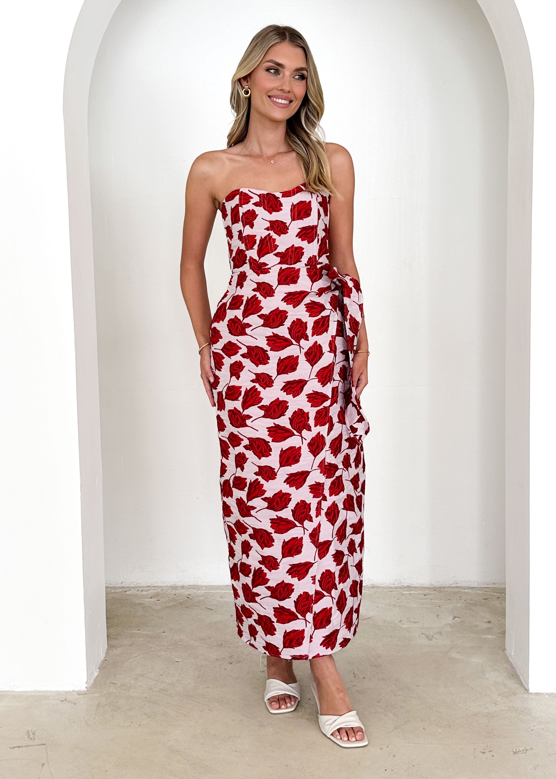 Indra Strapless Midi Dress - Red Rose