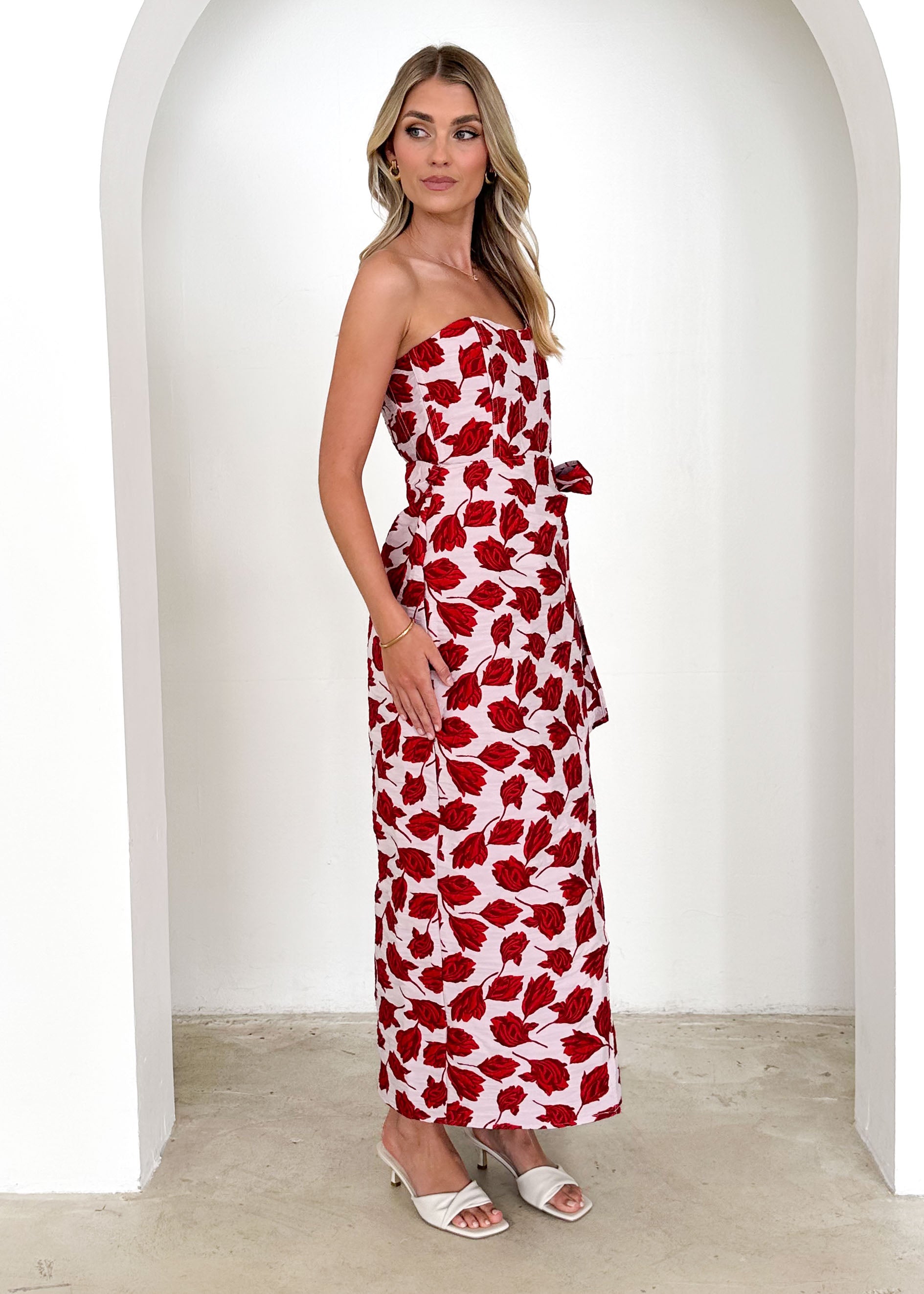 Indra Strapless Midi Dress - Red Rose