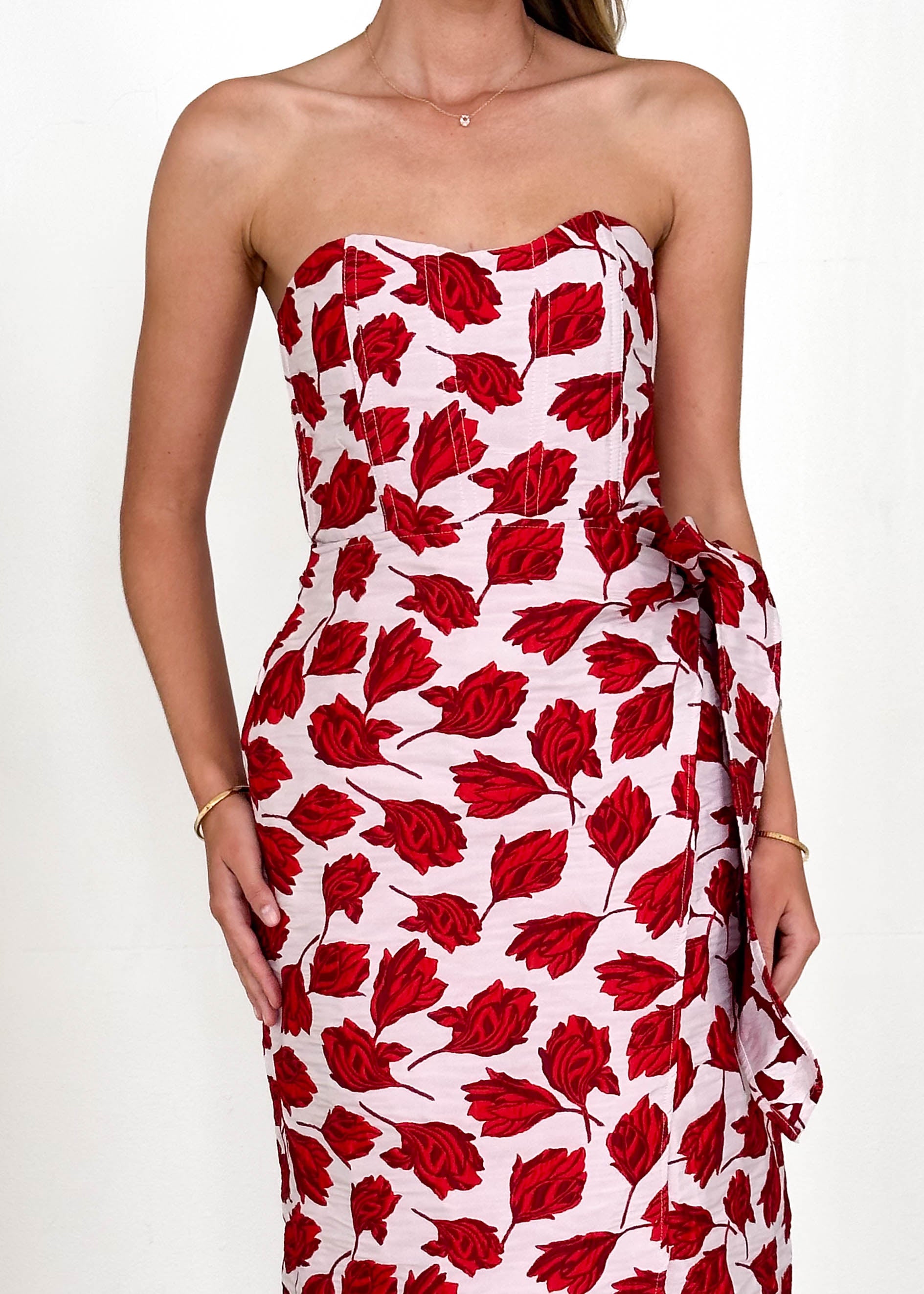 Indra Strapless Midi Dress - Red Rose