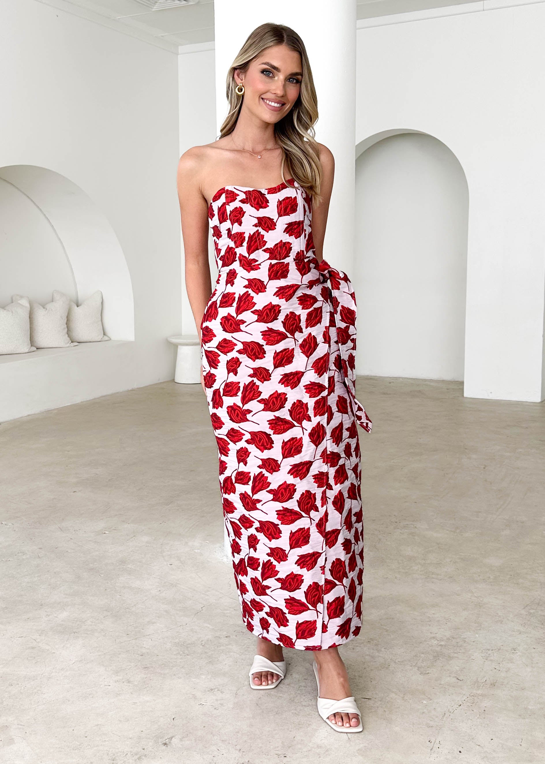 Indra Strapless Midi Dress - Red Rose