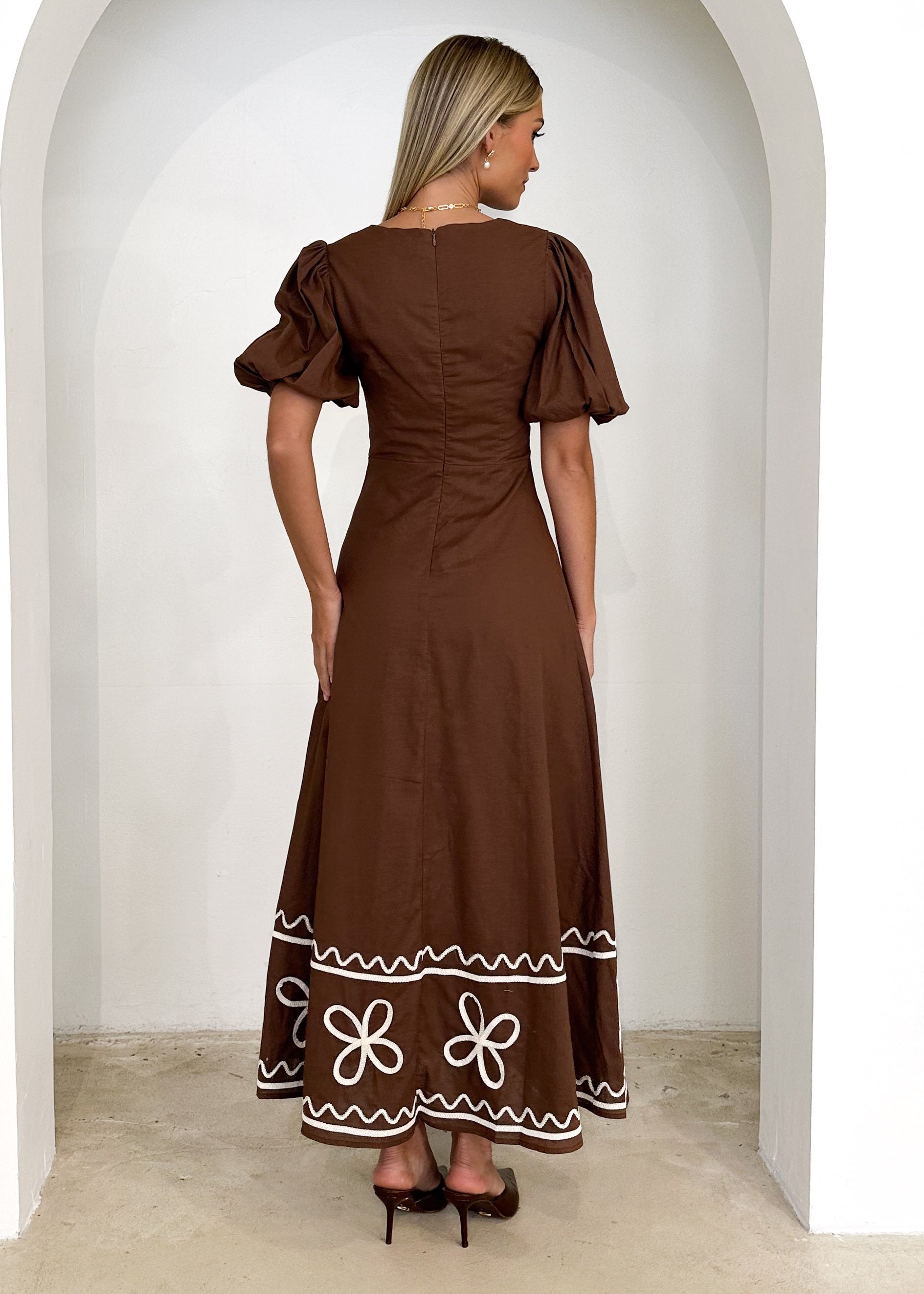 Brekta Midi Dress - Choc Embroidered
