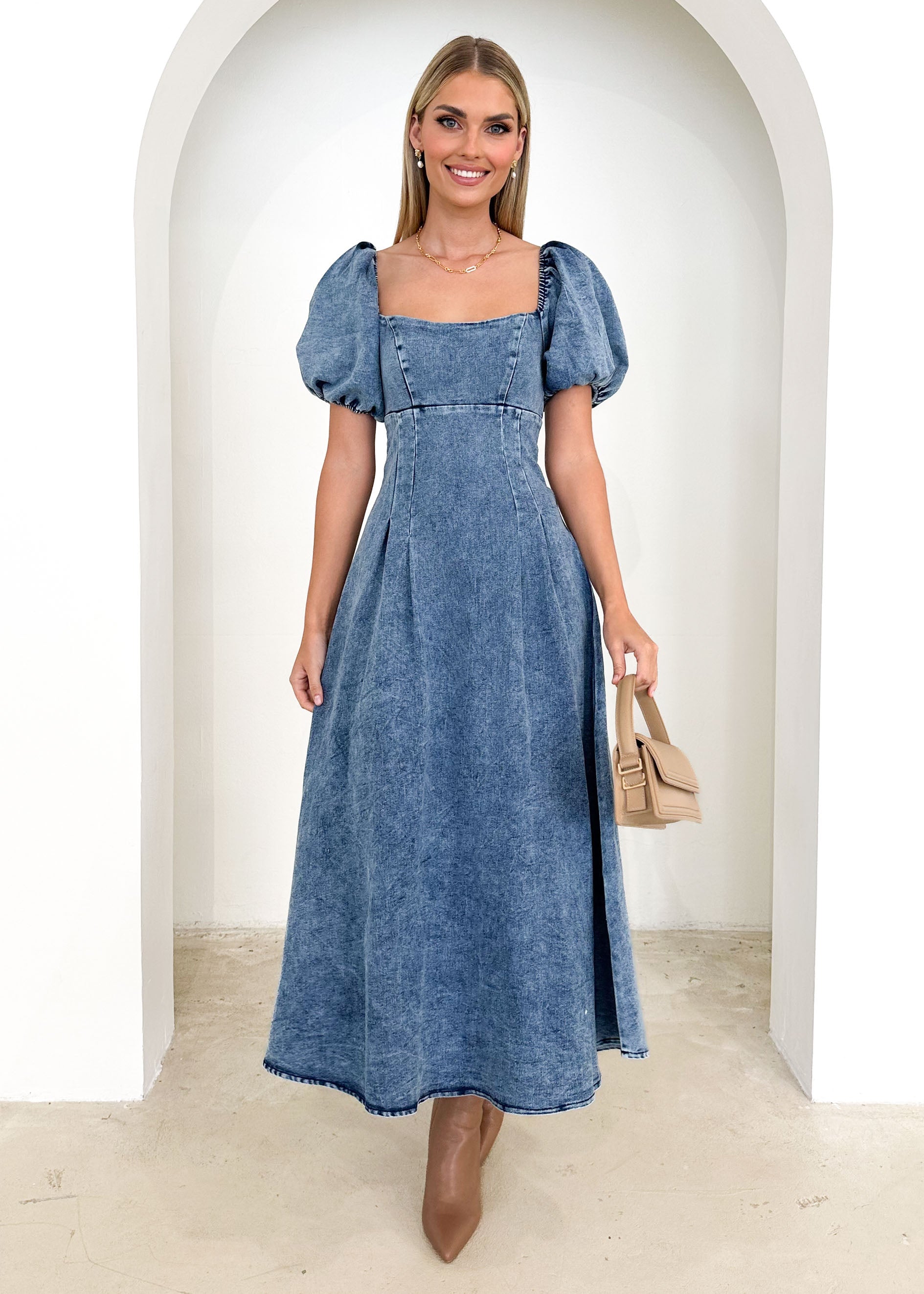 Netta Denim Maxi Dress - Mid Blue