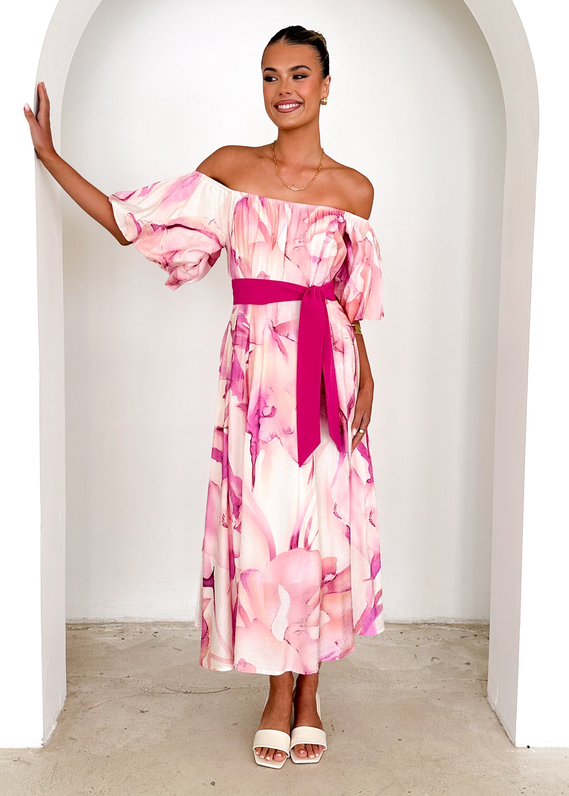 Reece Off Shoulder Midi Dress - Fuchsia Flame