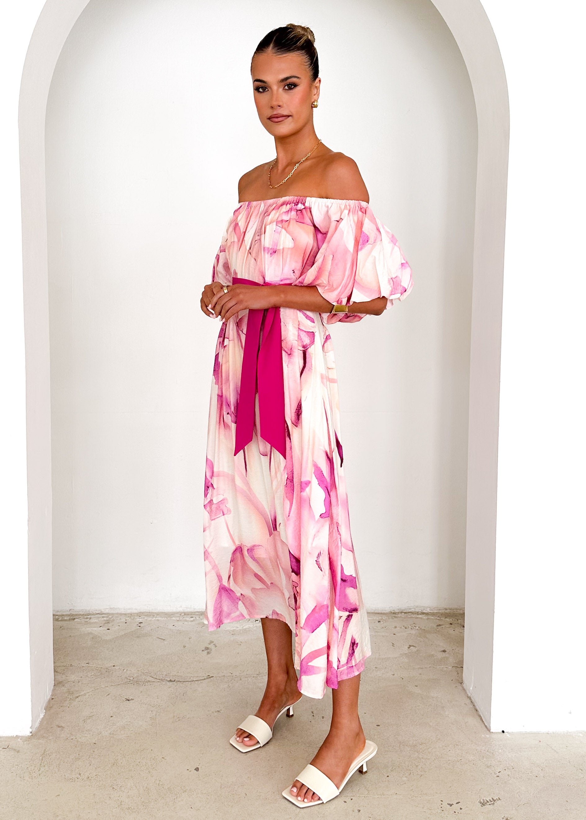 Reece Off Shoulder Midi Dress - Fuchsia Flame