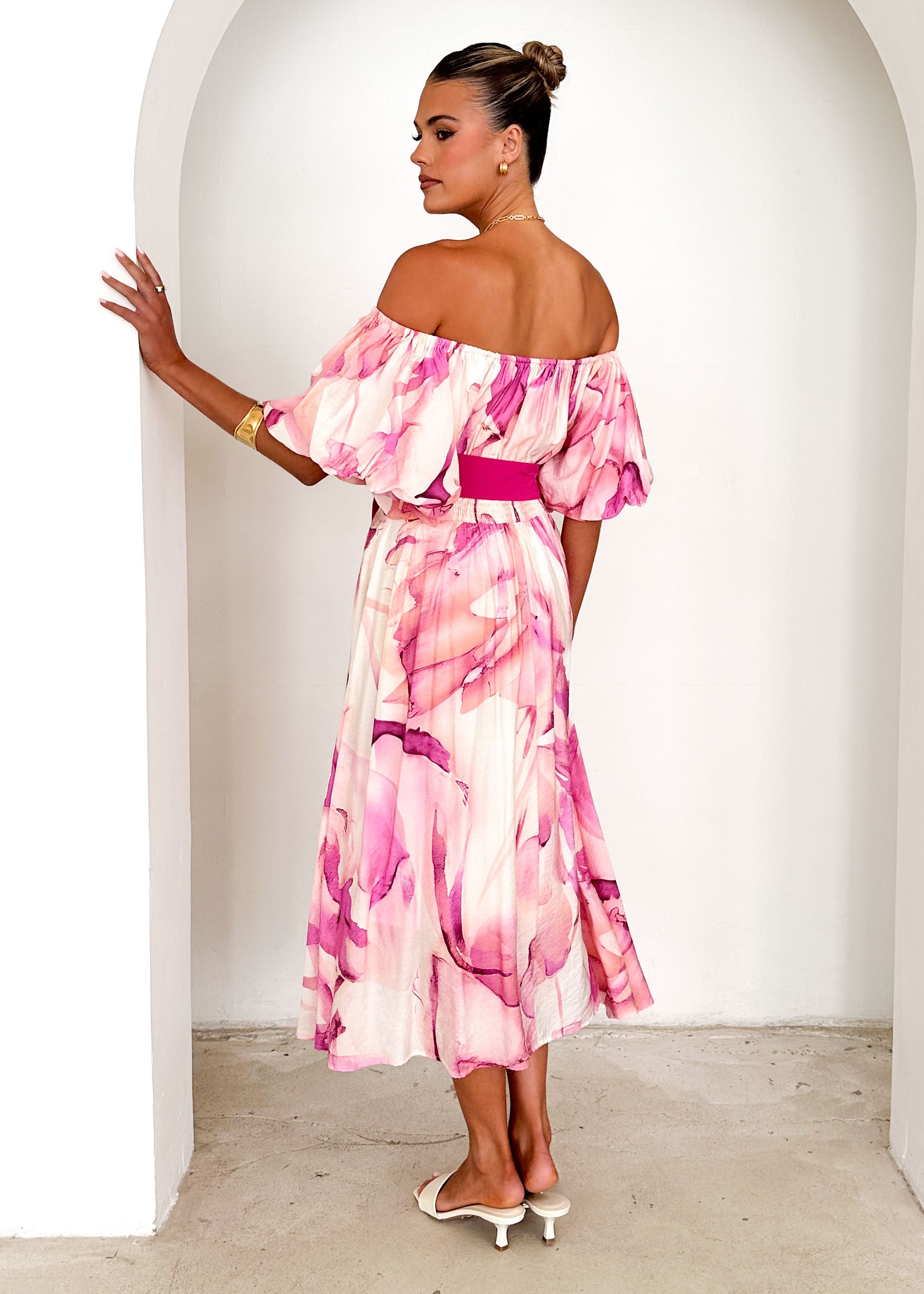 Reece Off Shoulder Midi Dress - Fuchsia Flame