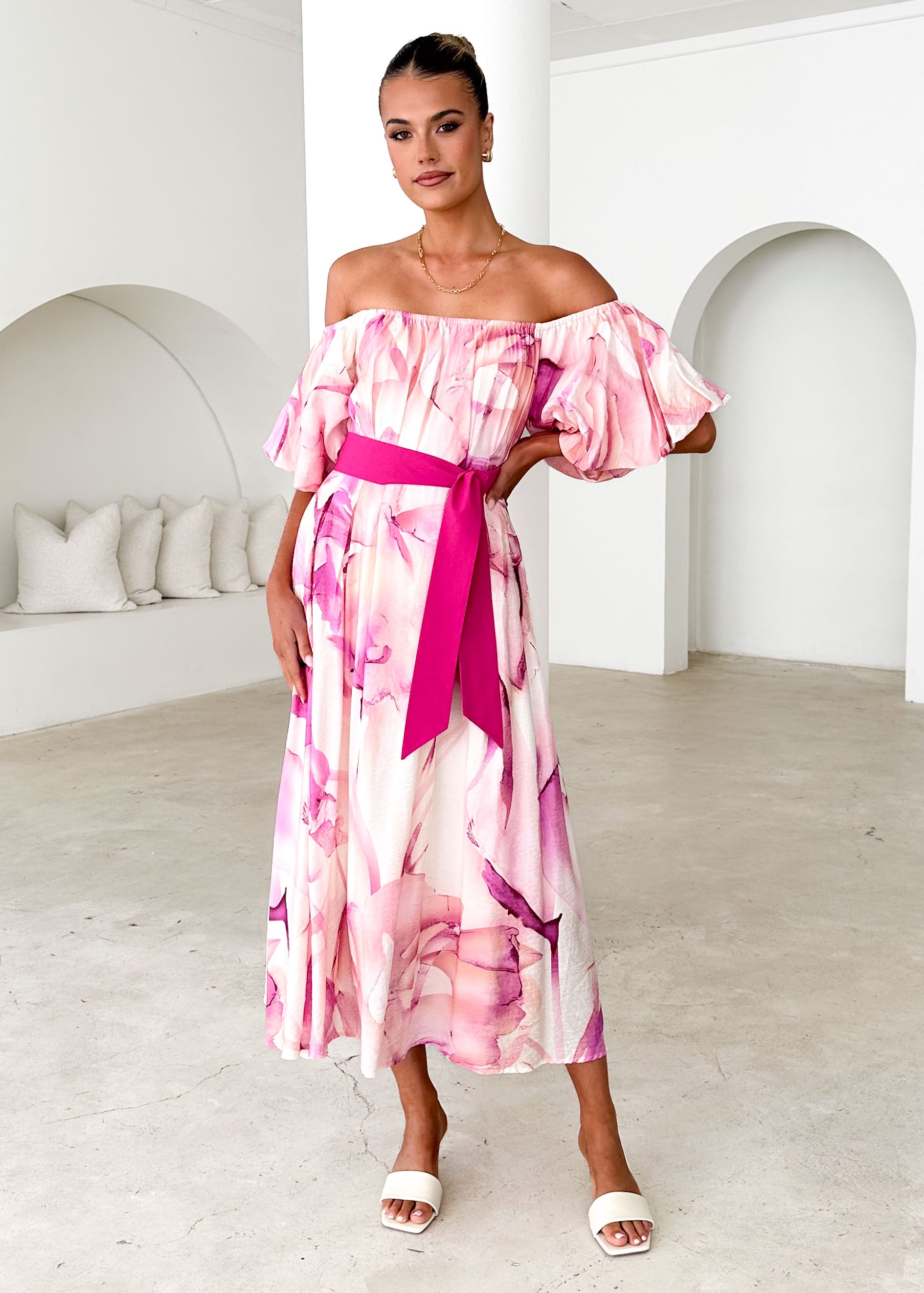 Reece Off Shoulder Midi Dress - Fuchsia Flame