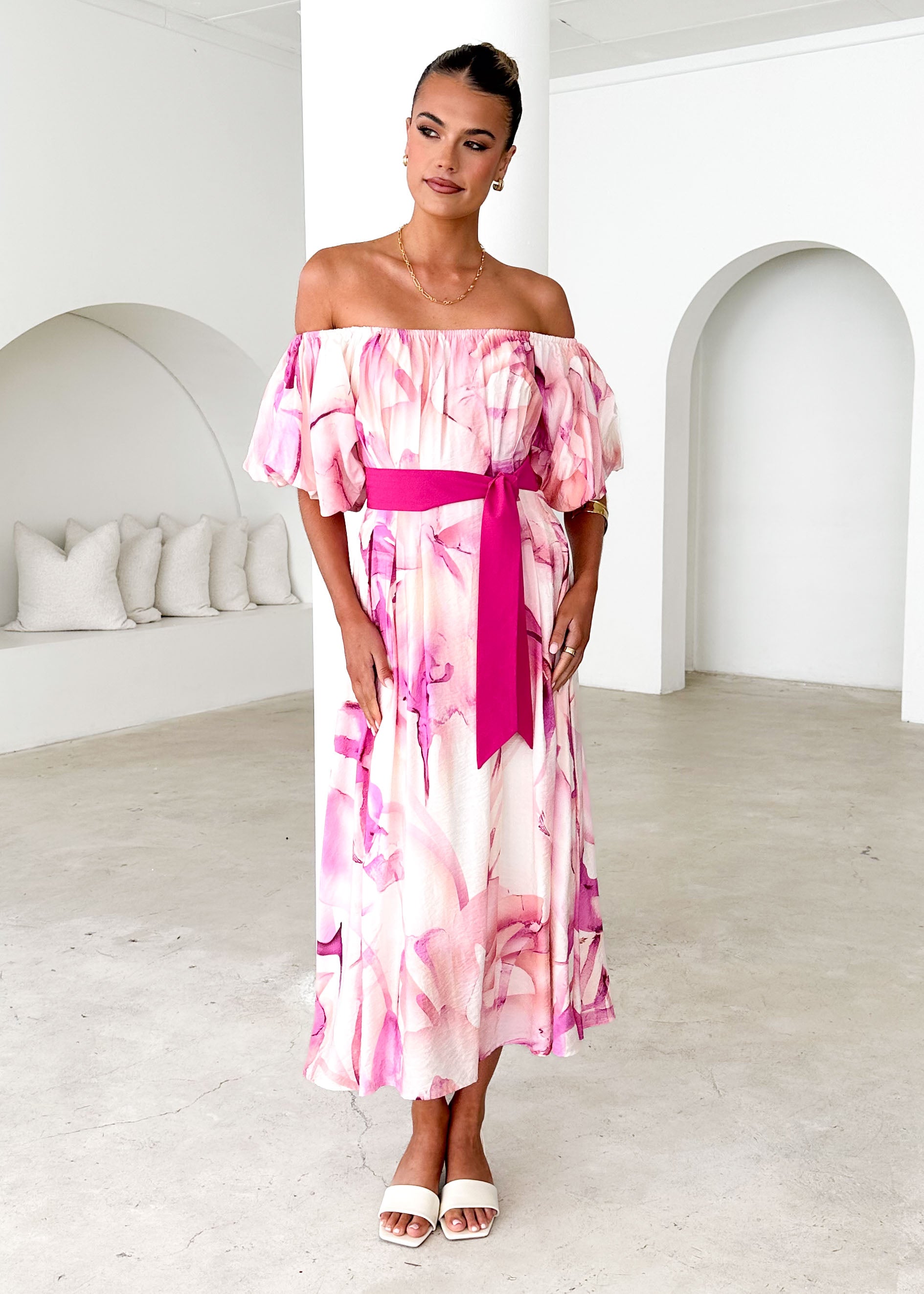 Reece Off Shoulder Midi Dress - Fuchsia Flame