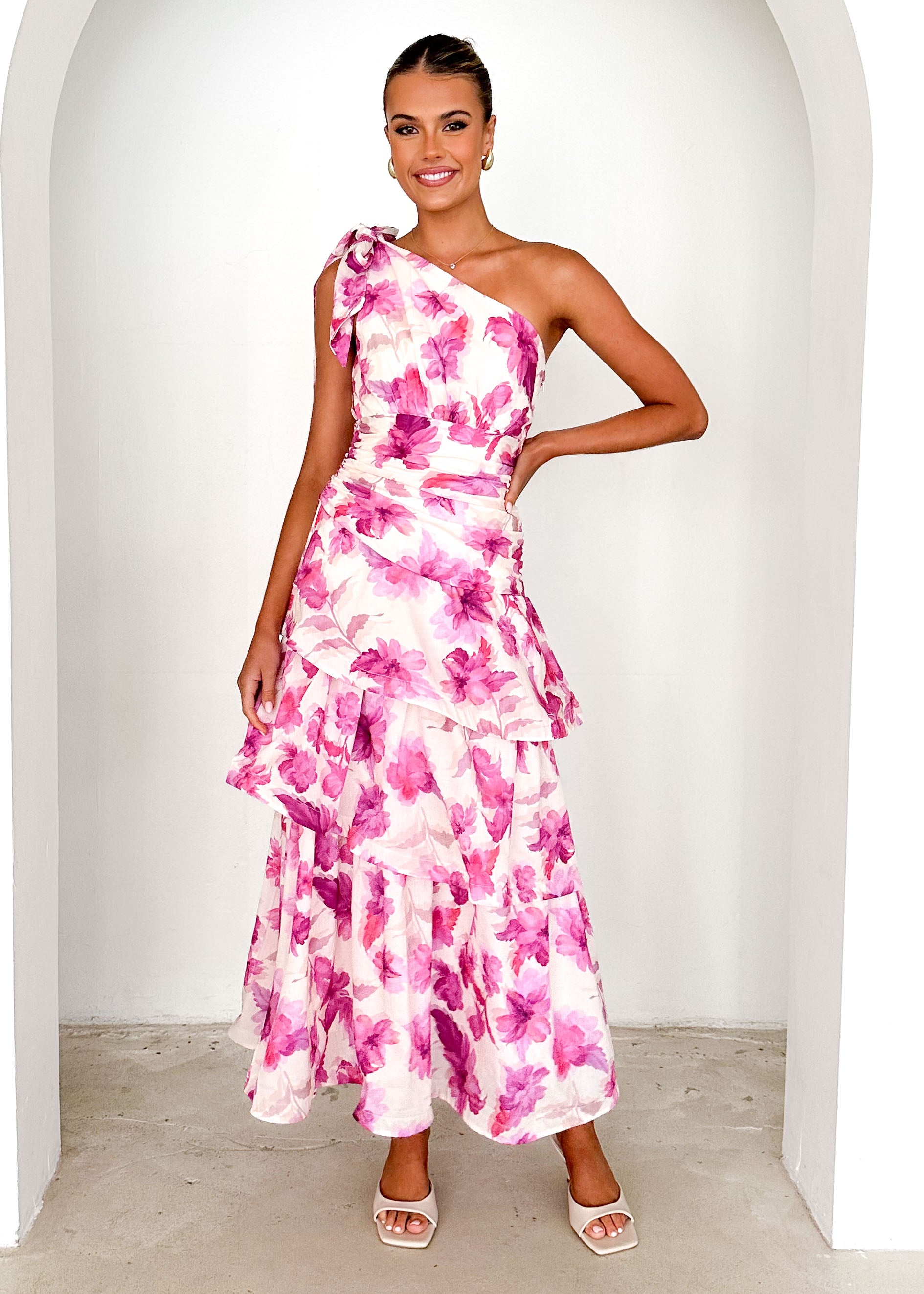 Anrielle One Shoulder Maxi Dress - Pink Flowers