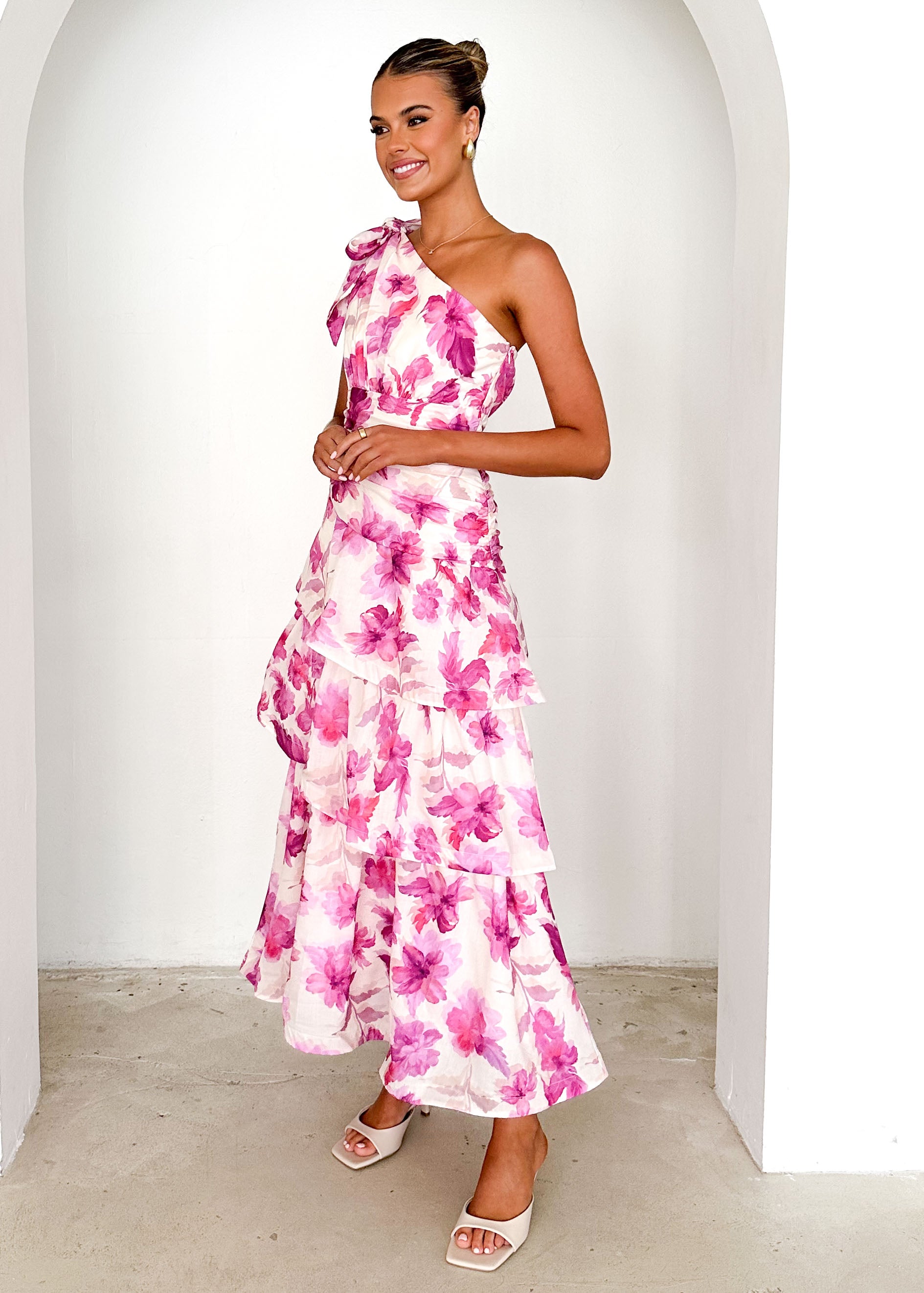 Anrielle One Shoulder Maxi Dress - Pink Flowers