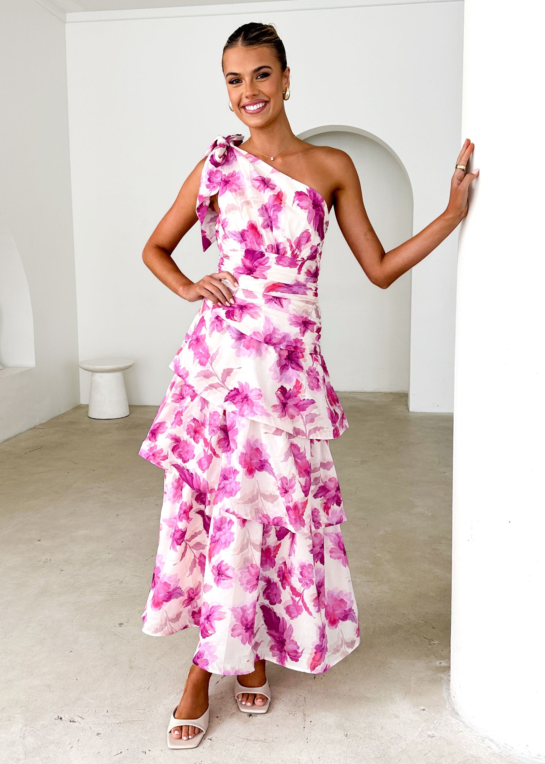 Anrielle One Shoulder Maxi Dress - Pink Flowers