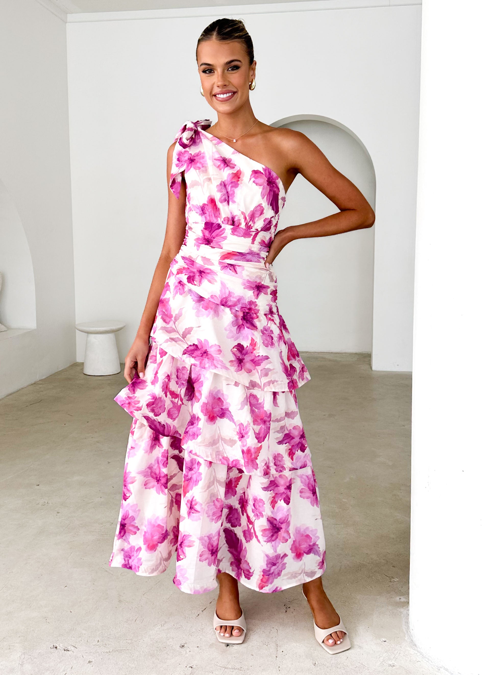 Anrielle One Shoulder Maxi Dress - Pink Flowers