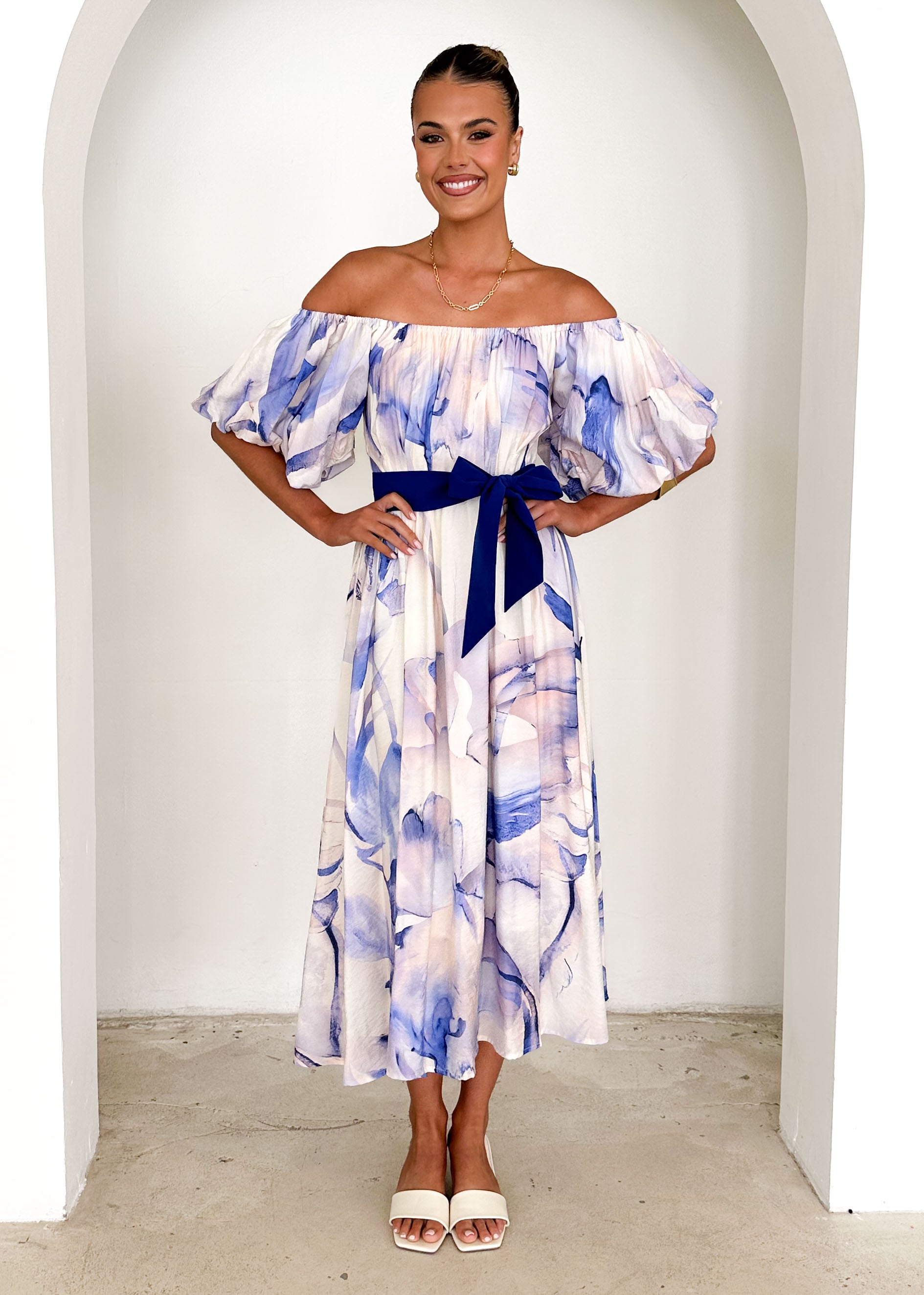 Reece Off Shoulder Midi Dress - Lapis Flame