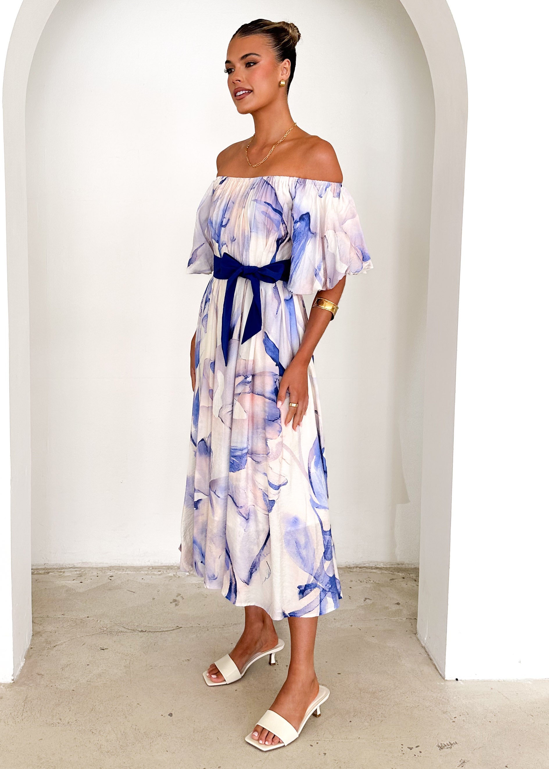 Reece Off Shoulder Midi Dress - Lapis Flame