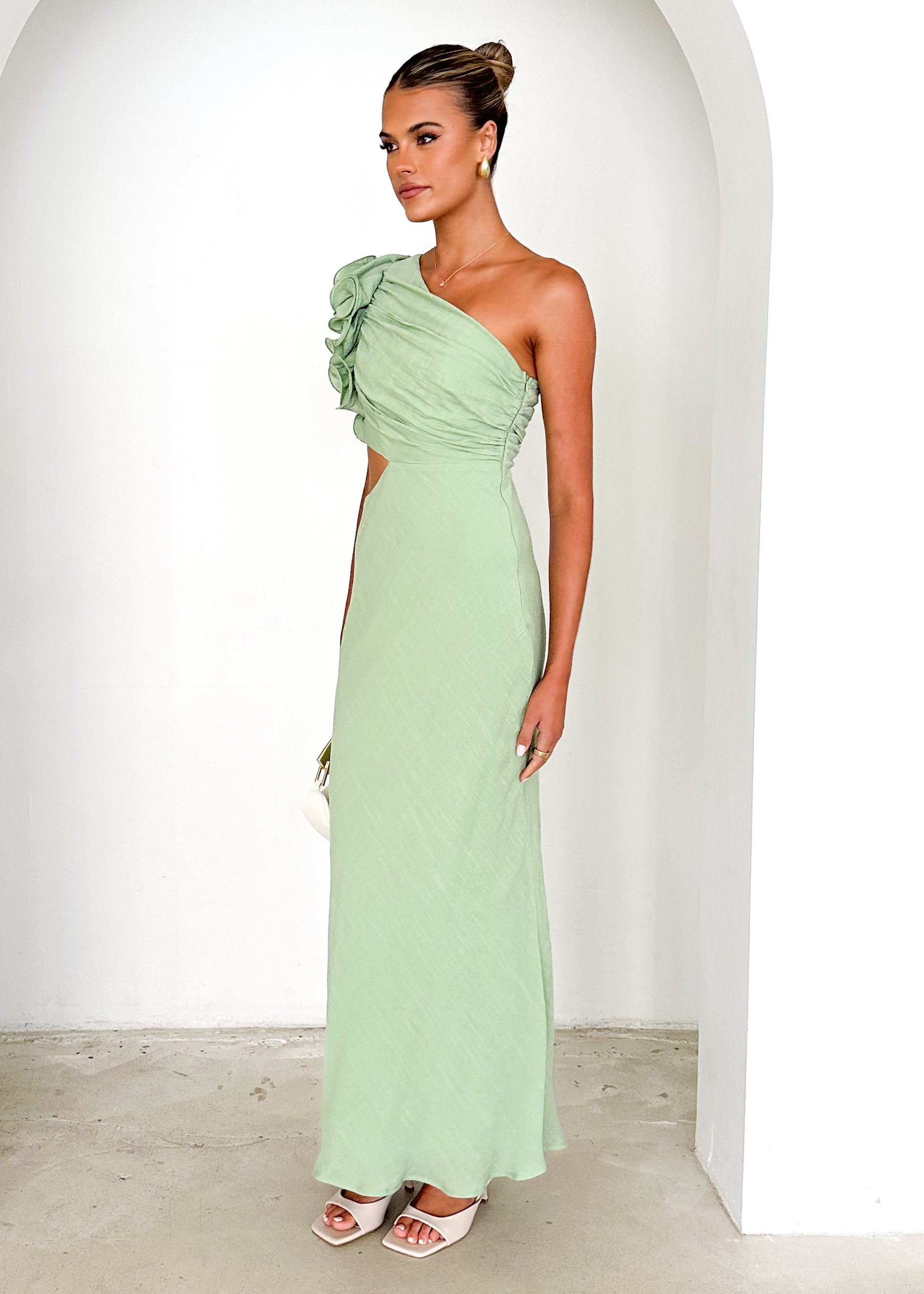 Azra One Shoulder Midi Dress - Sage