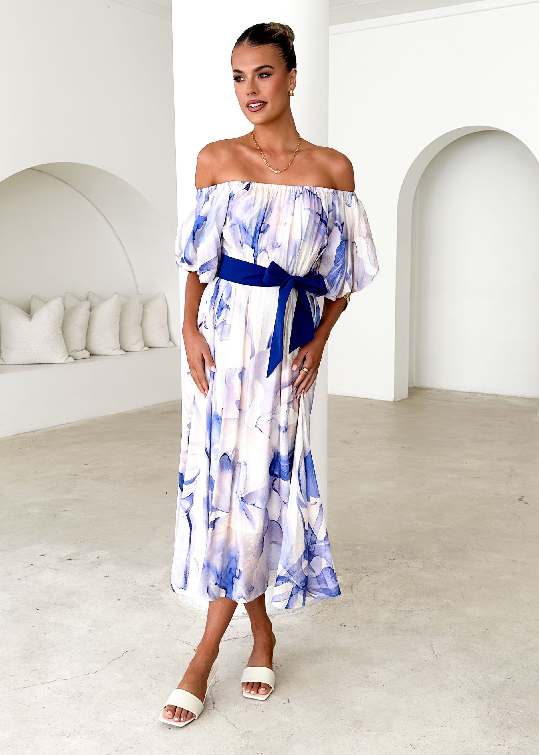 Reece Off Shoulder Midi Dress - Lapis Flame