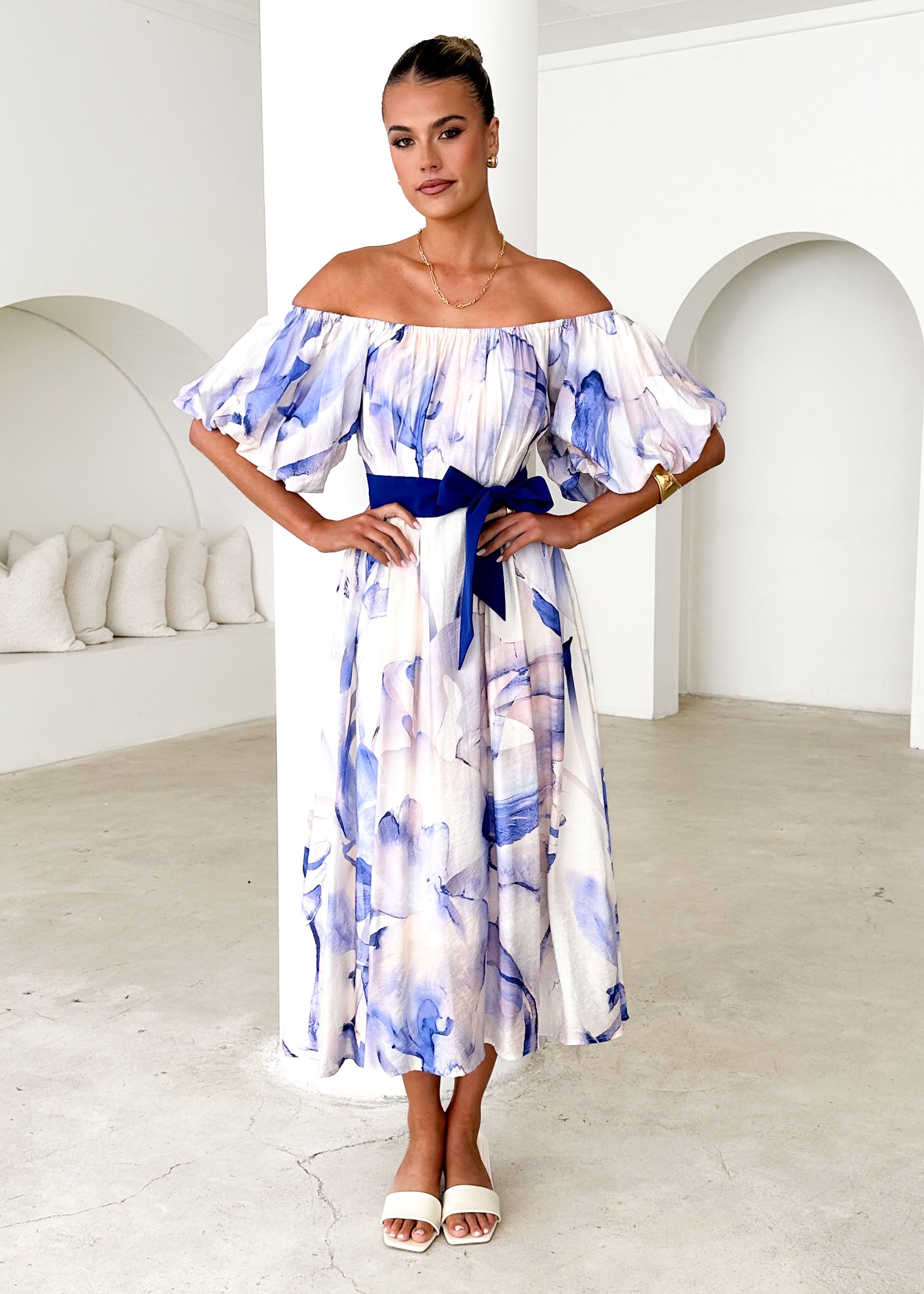 Reece Off Shoulder Midi Dress - Lapis Flame