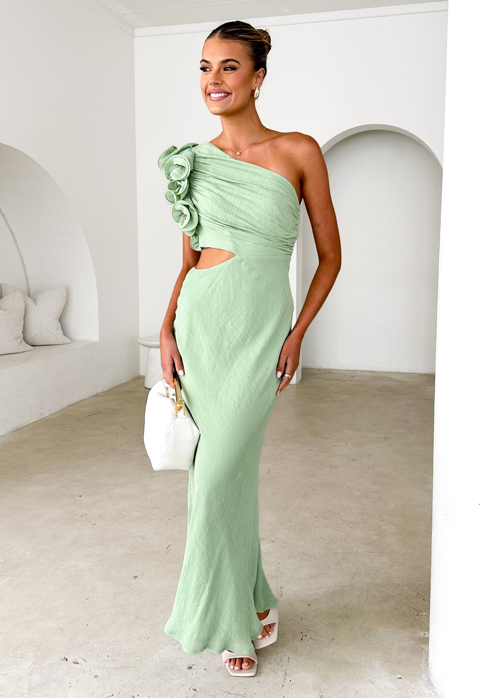 Azra One Shoulder Midi Dress - Sage