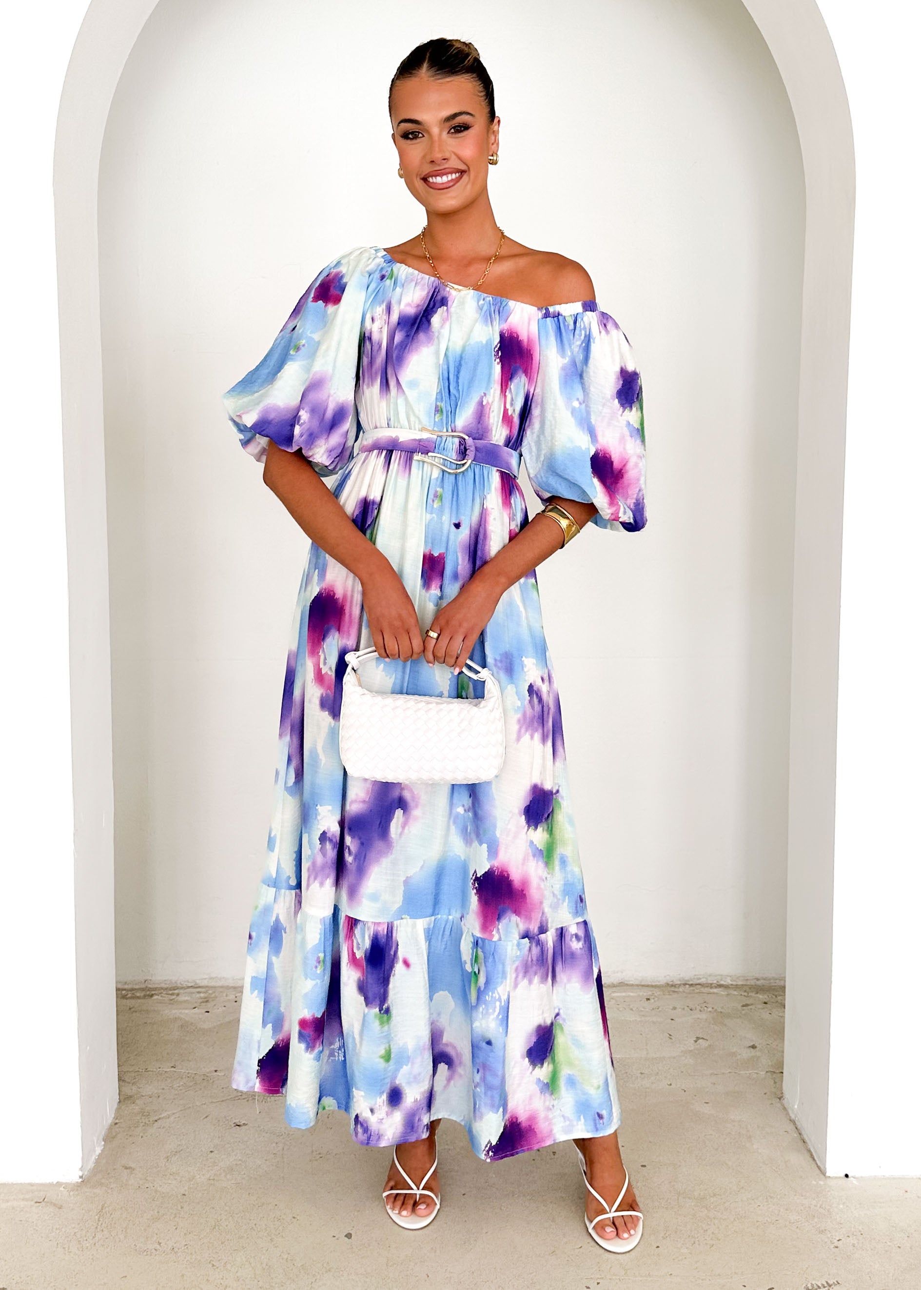 Halia Off Shoulder Midi Dress - Violet Watercolour