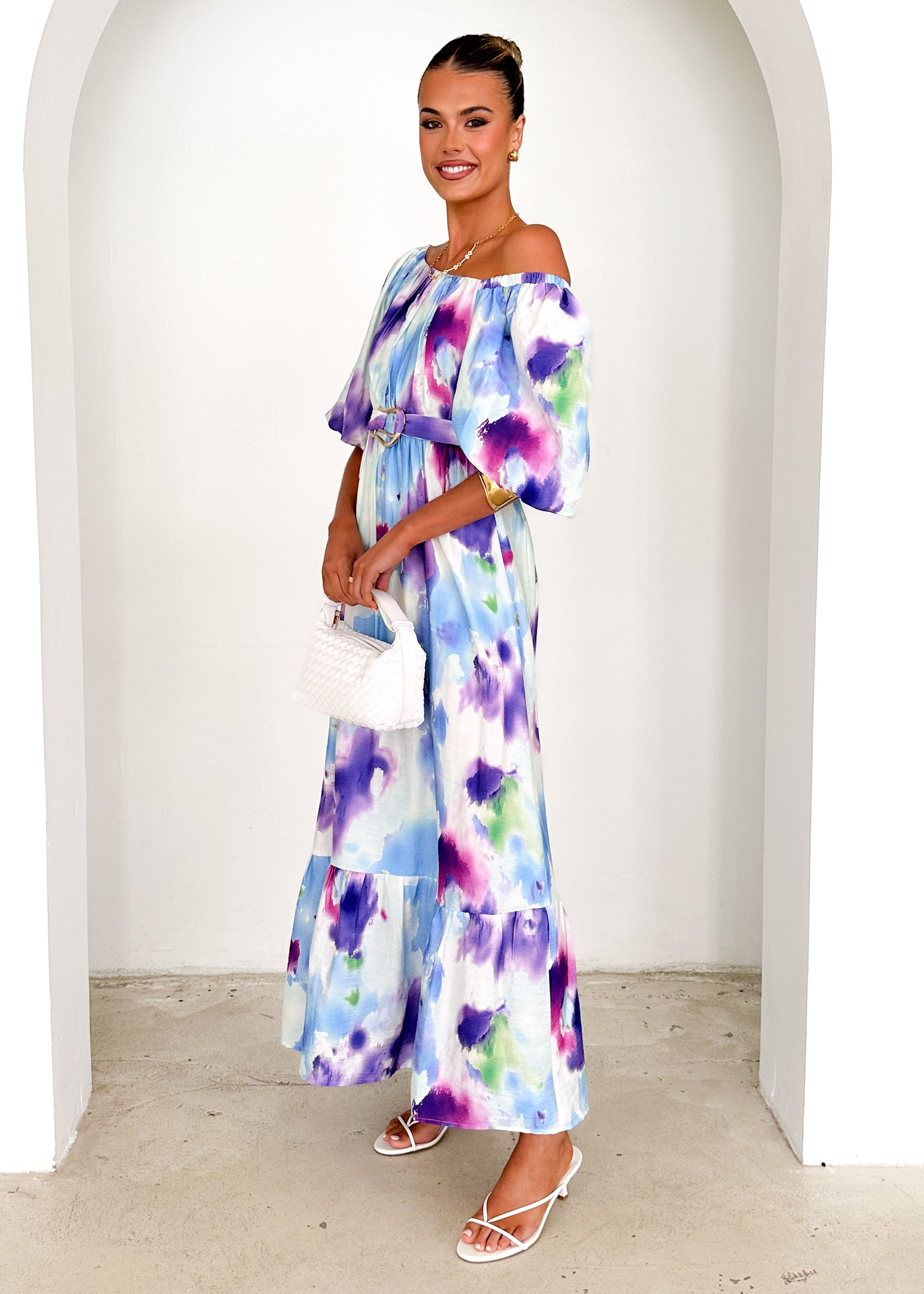 Halia Off Shoulder Midi Dress - Violet Watercolour