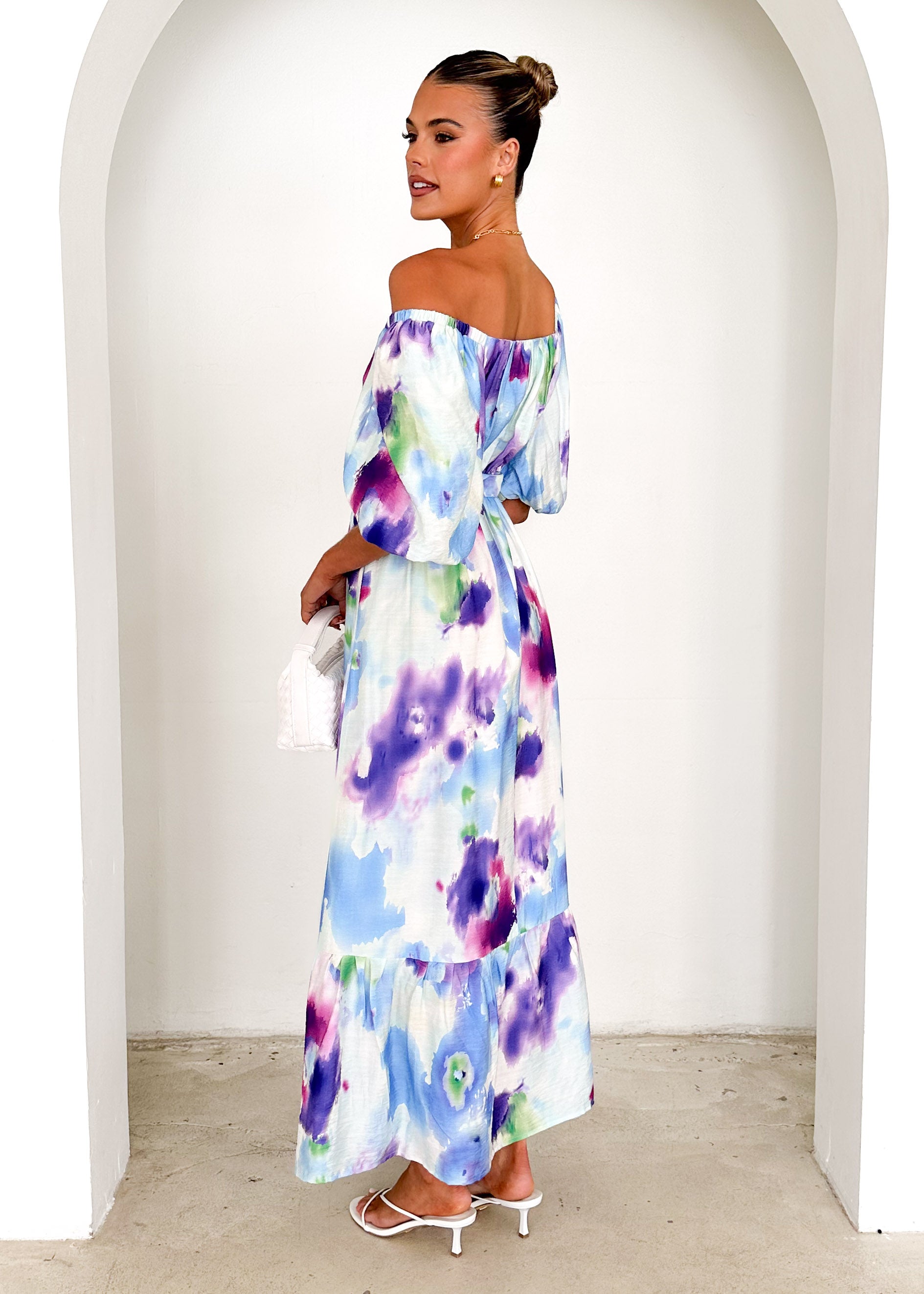 Halia Off Shoulder Midi Dress - Violet Watercolour