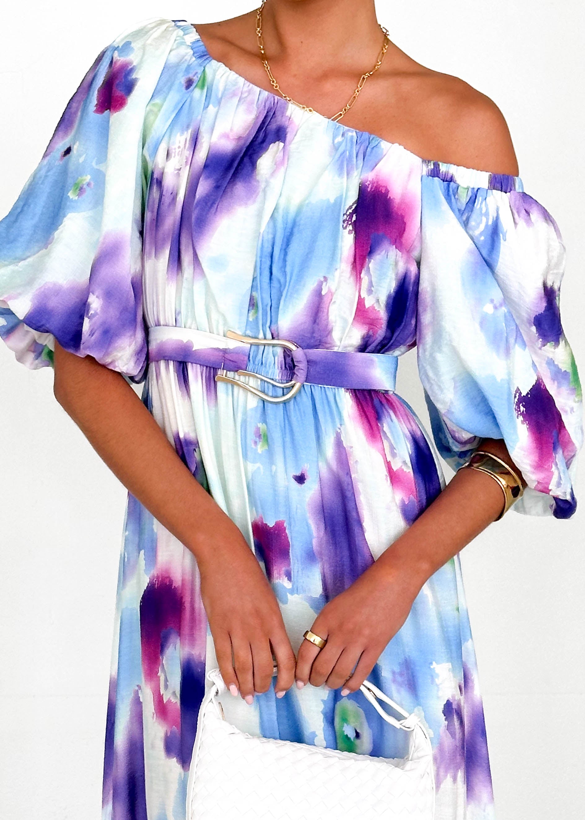 Halia Off Shoulder Midi Dress - Violet Watercolour