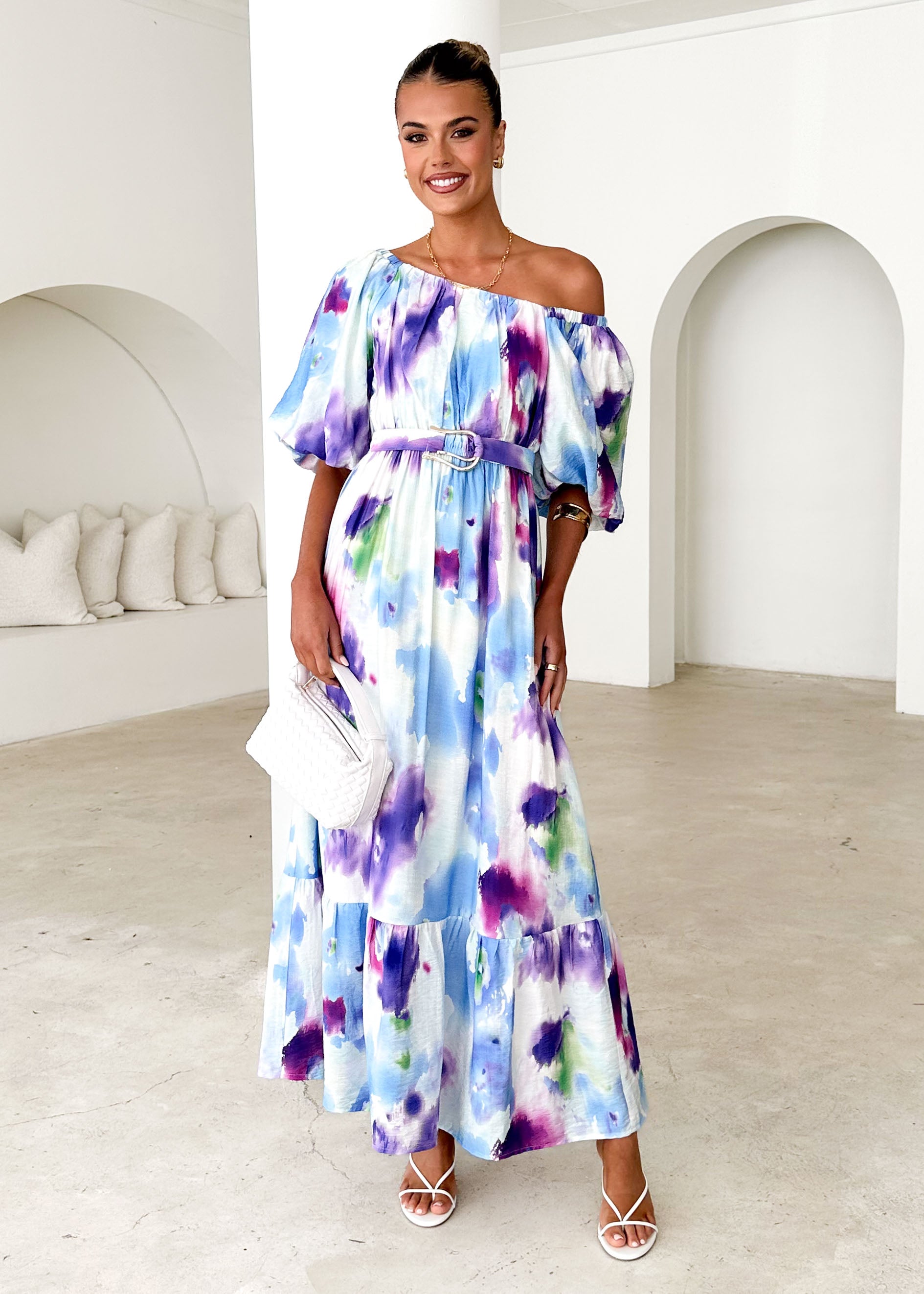 Halia Off Shoulder Midi Dress - Violet Watercolour