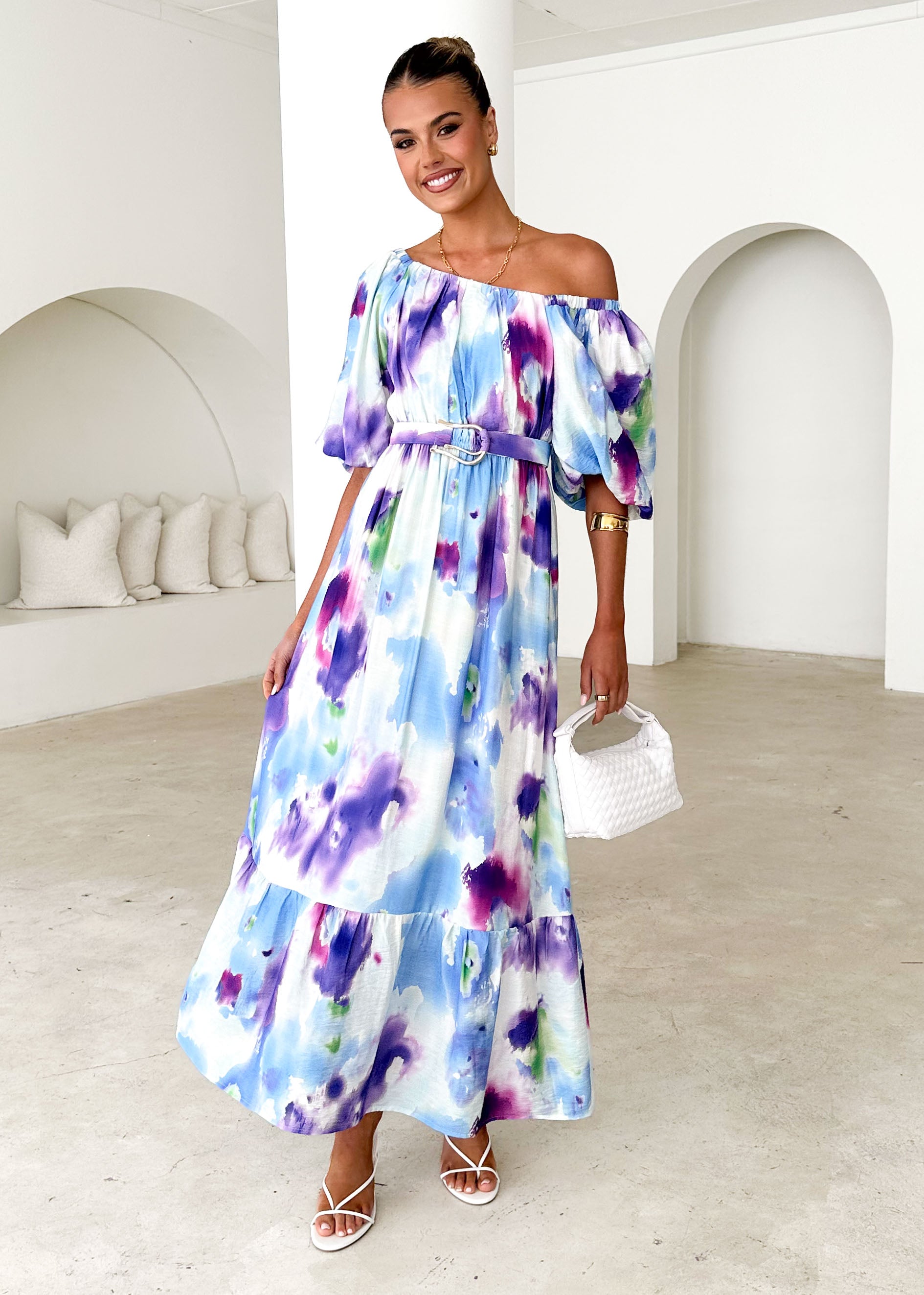 Halia Off Shoulder Midi Dress - Violet Watercolour