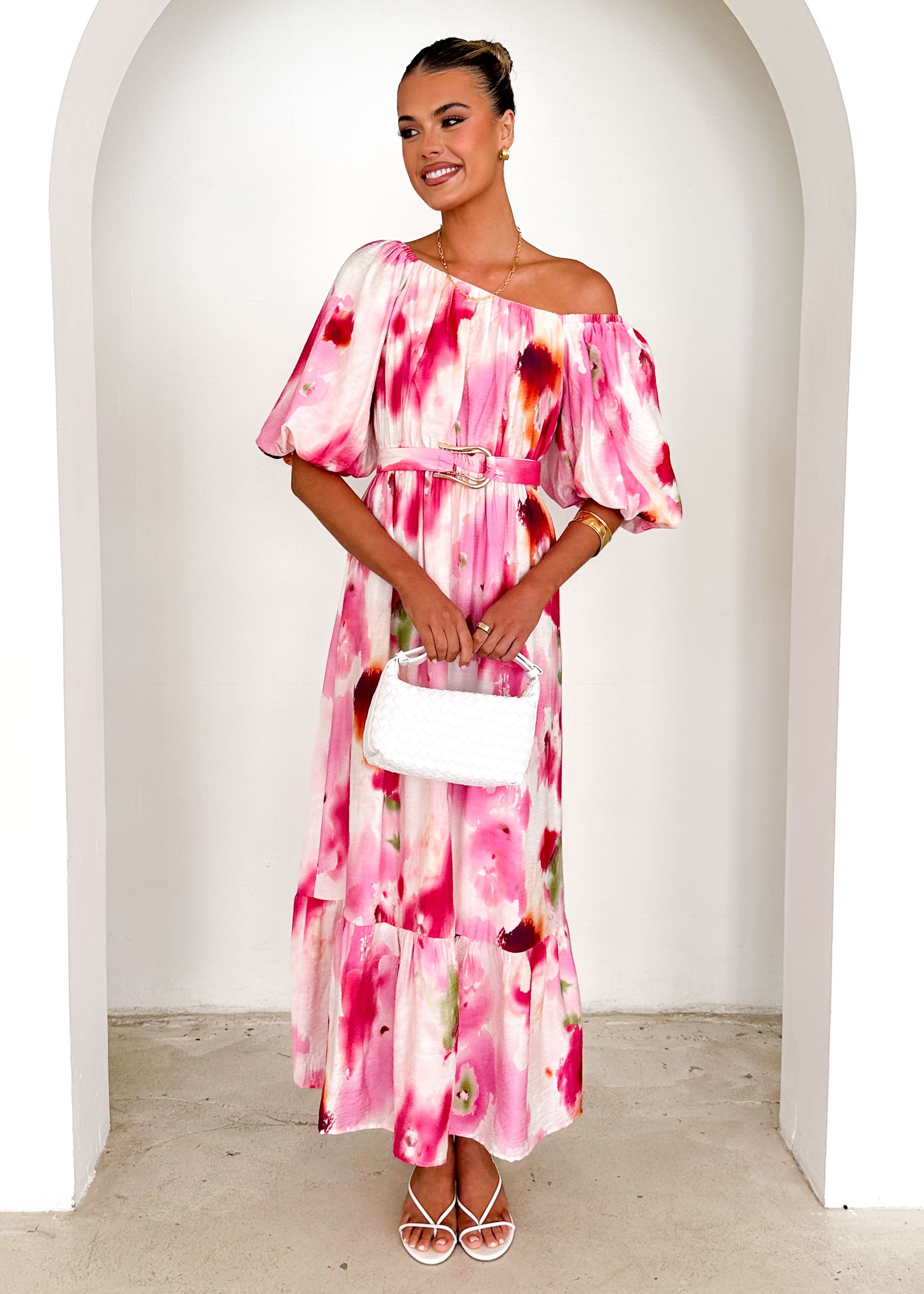 Halia Off Shoulder Midi Dress - Pink Watercolour