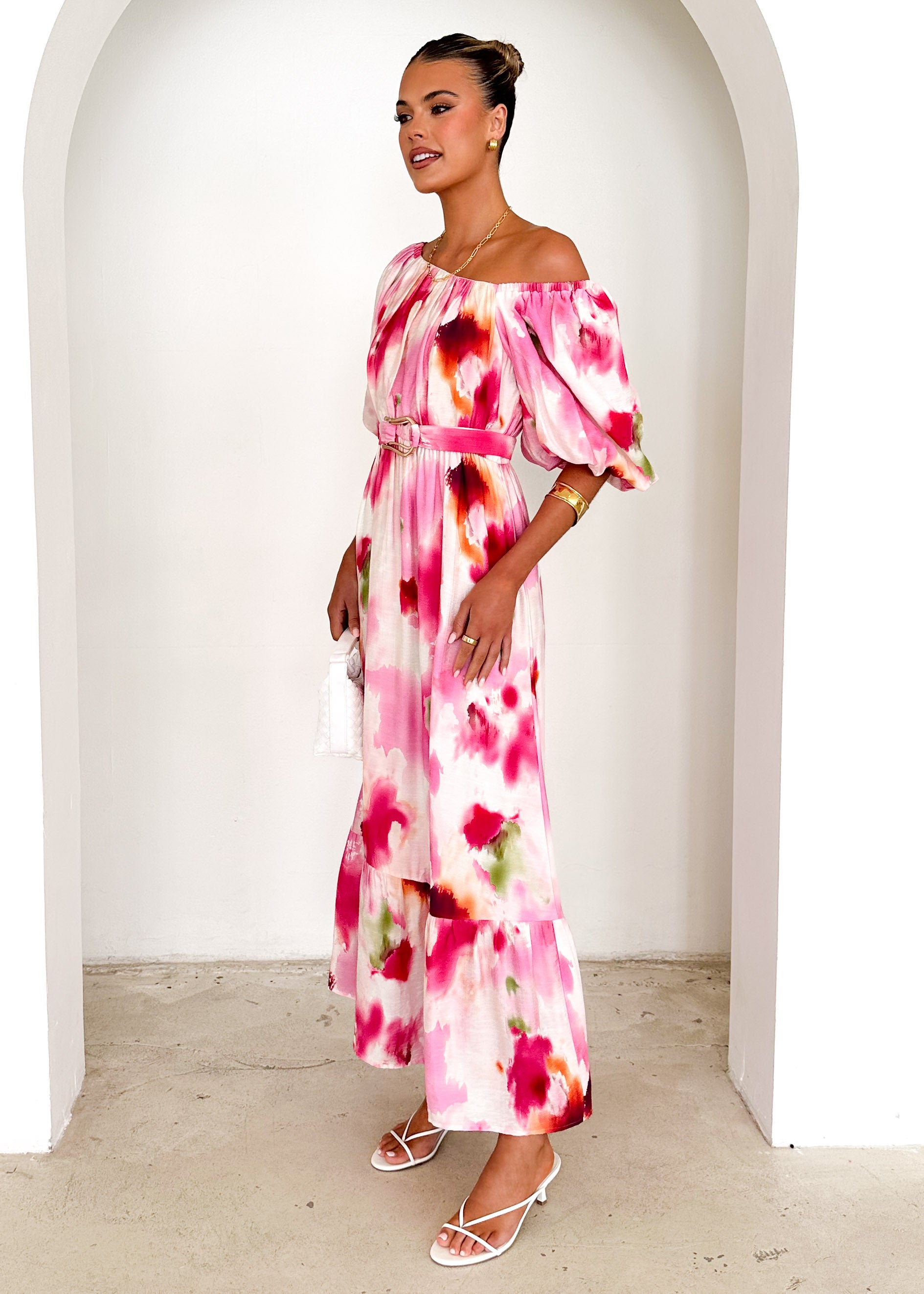 Halia Off Shoulder Midi Dress - Pink Watercolour