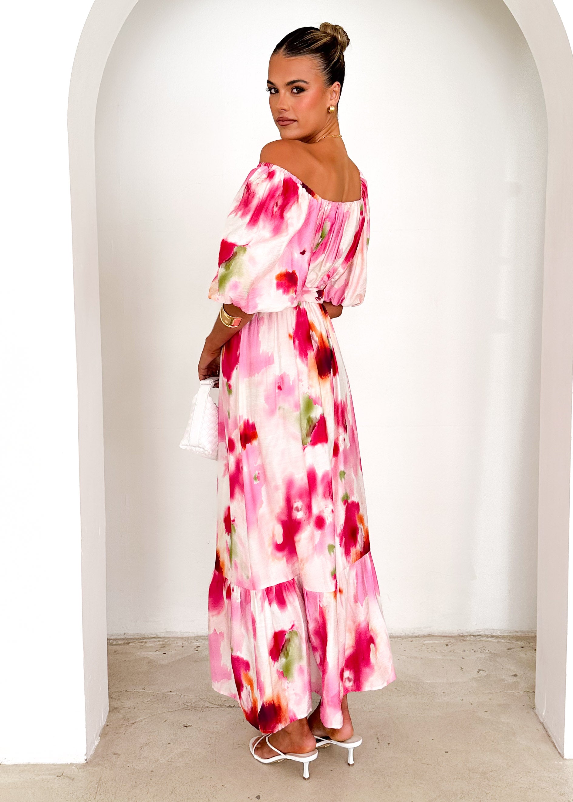 Halia Off Shoulder Midi Dress - Pink Watercolour