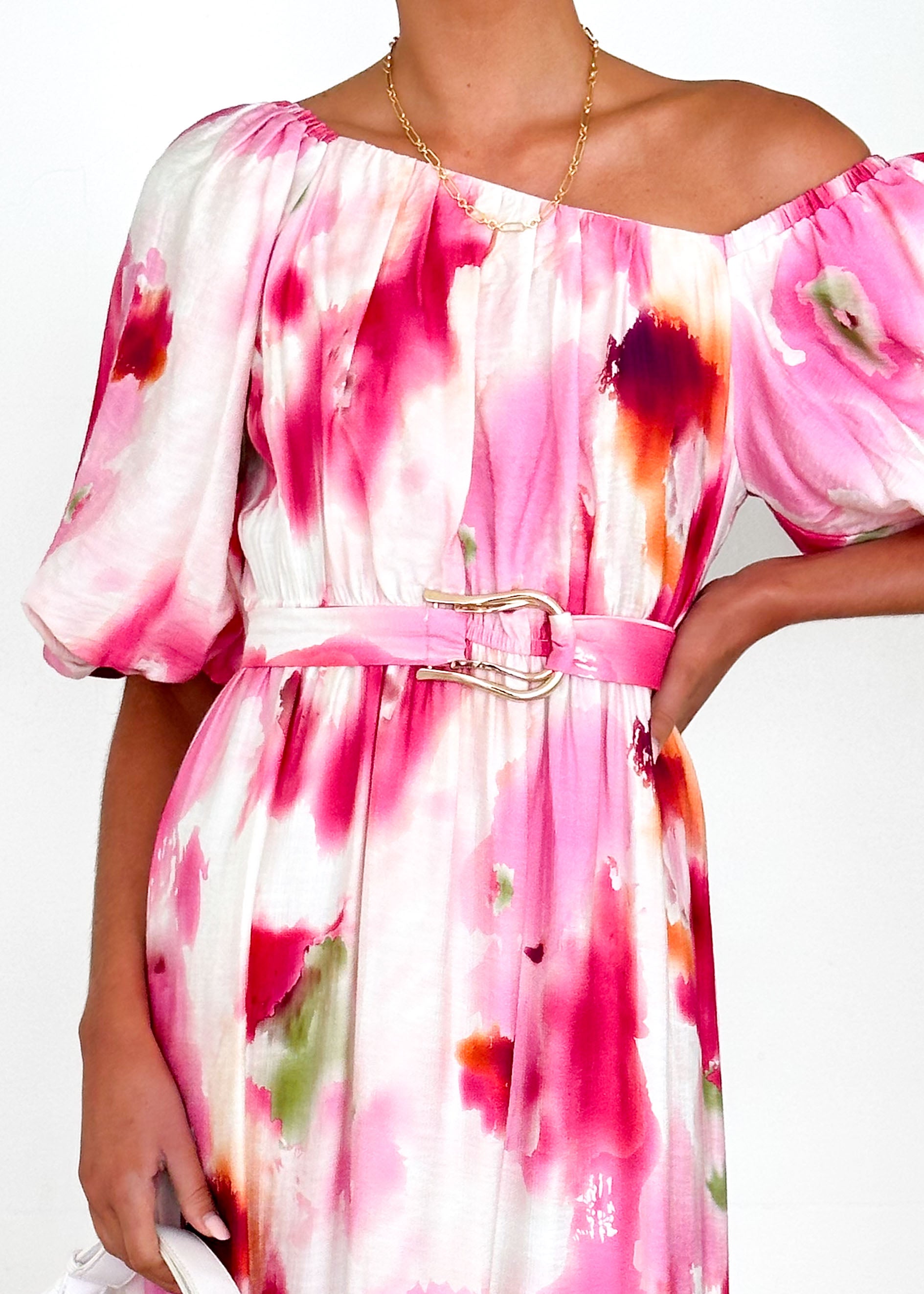 Halia Off Shoulder Midi Dress - Pink Watercolour