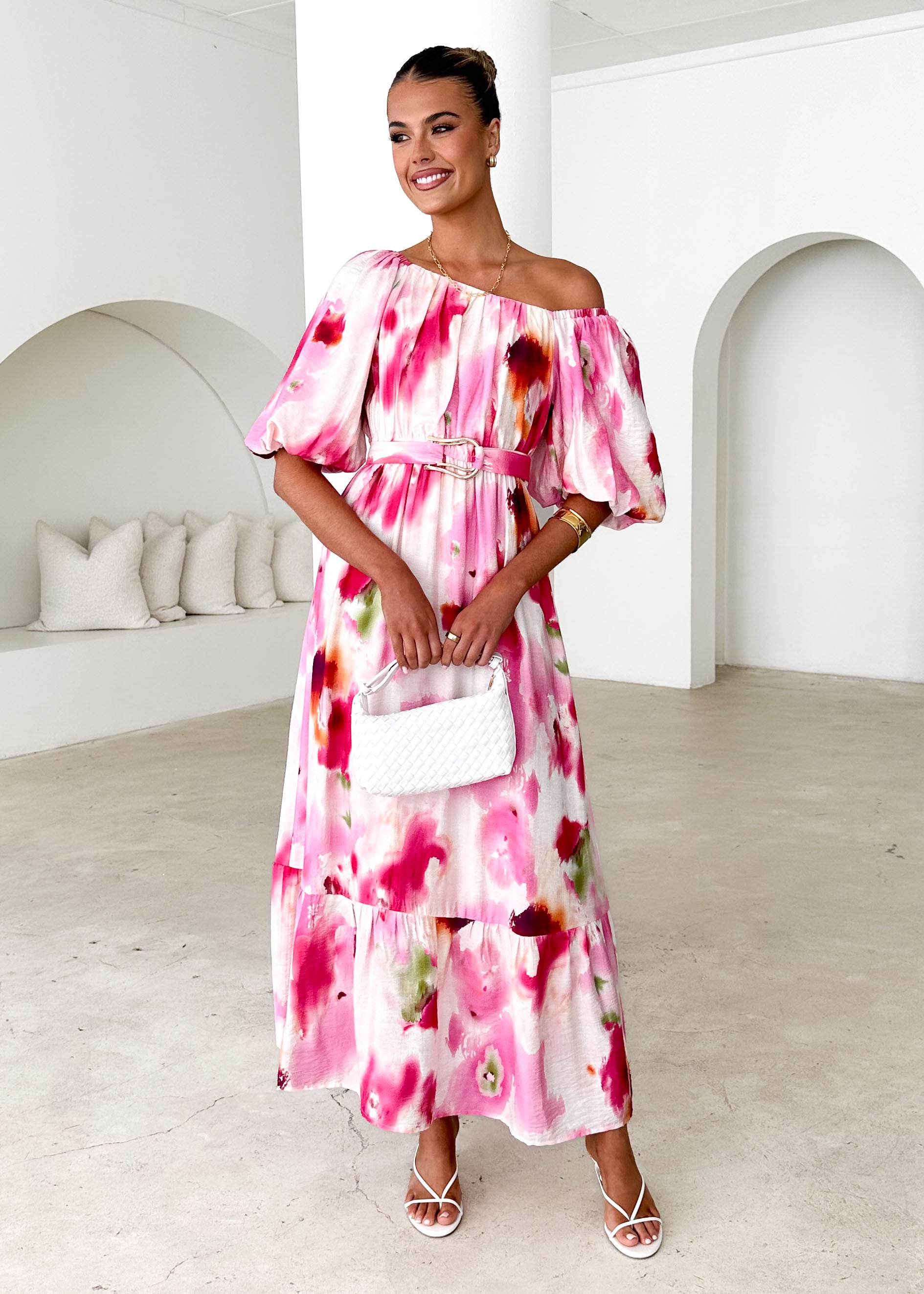 Halia Off Shoulder Midi Dress - Pink Watercolour