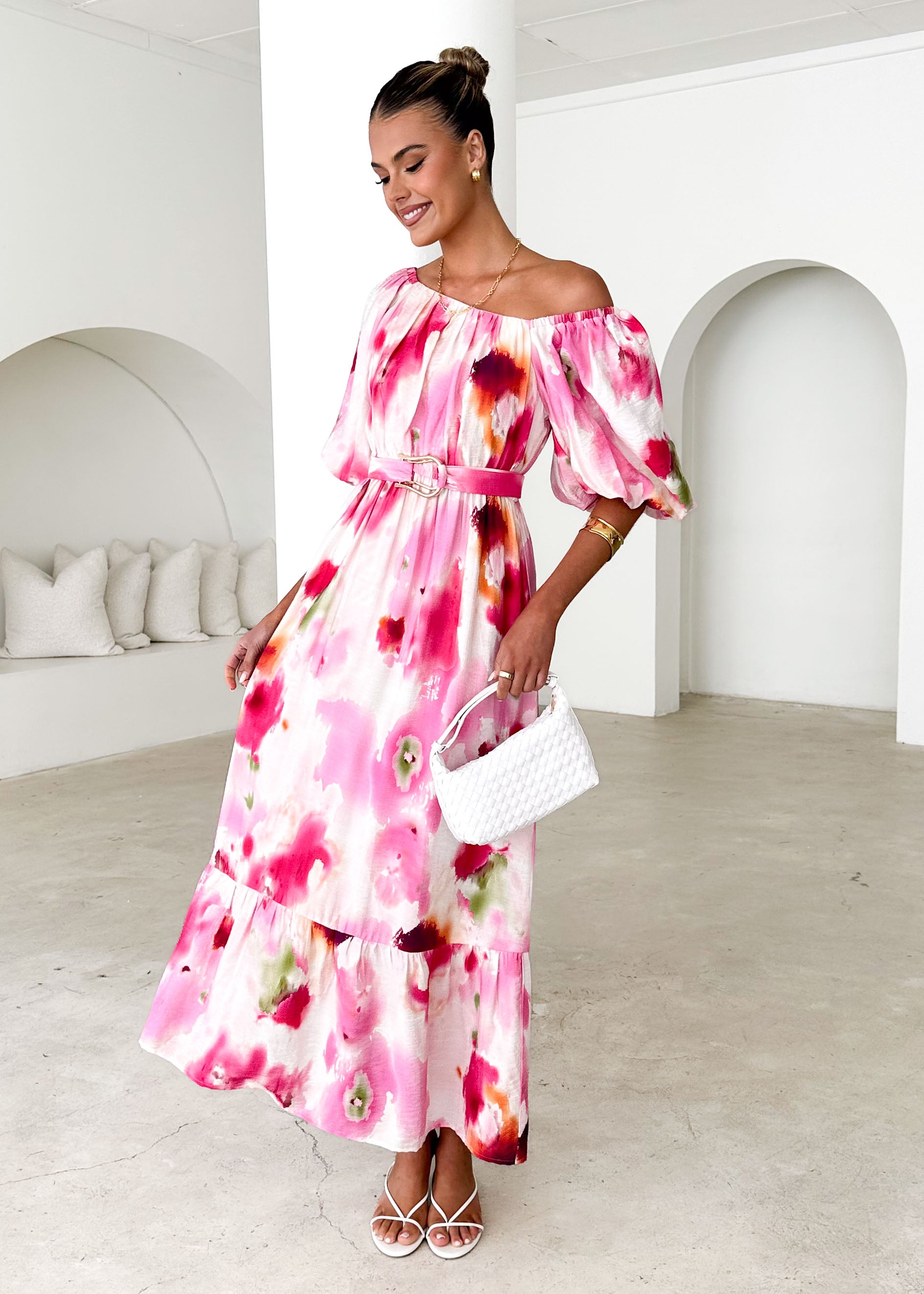 Halia Off Shoulder Midi Dress - Pink Watercolour