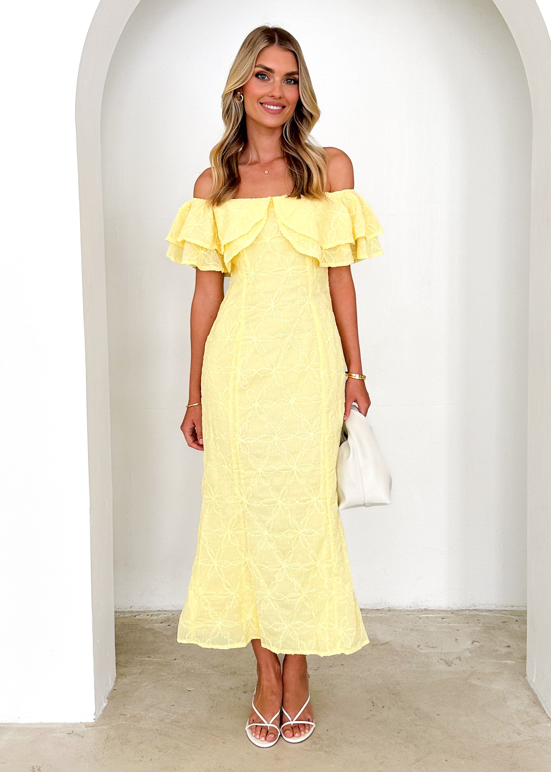 Mona Off Shoulder Midi Dress - Lemon