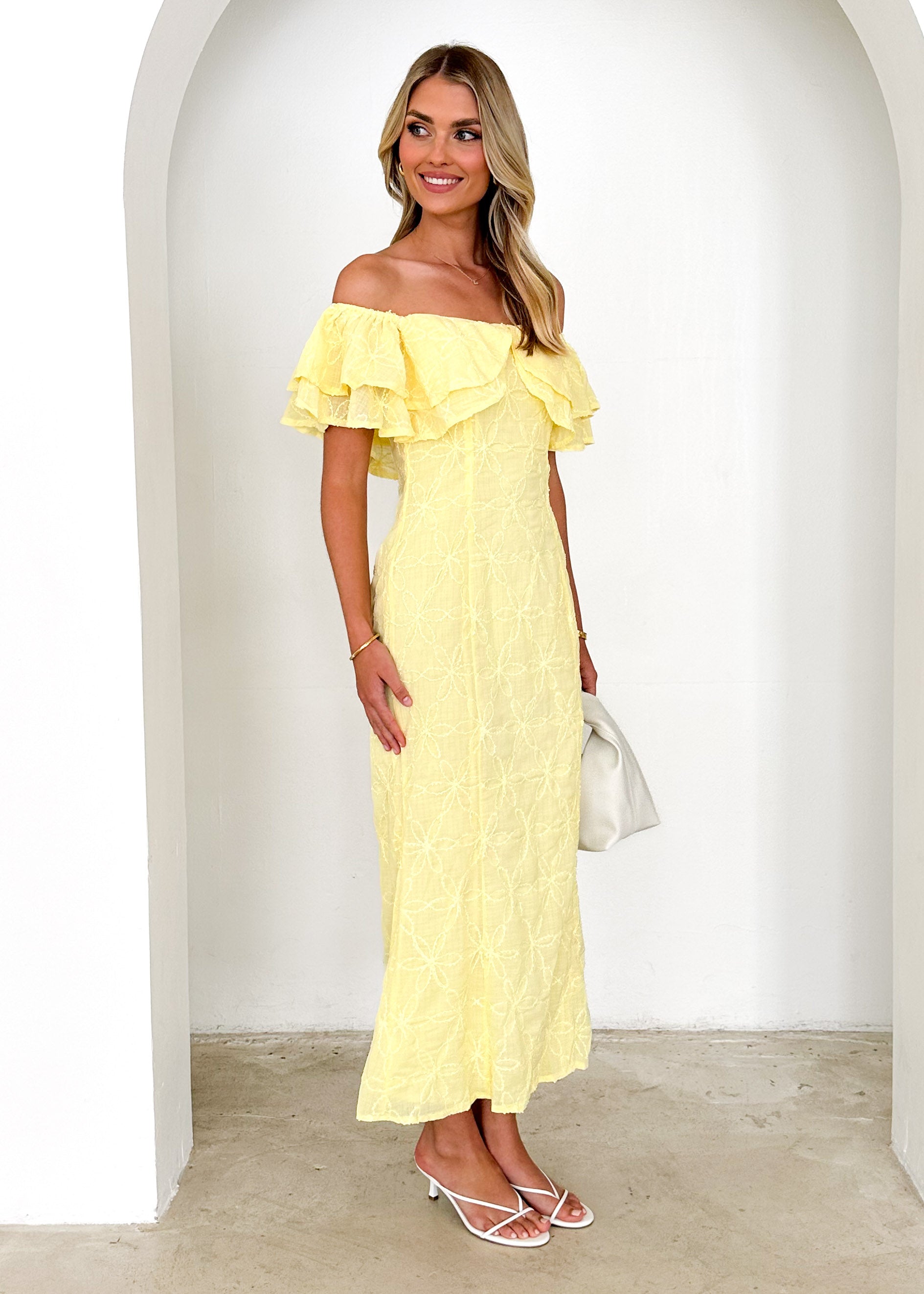 Mona Off Shoulder Midi Dress - Lemon