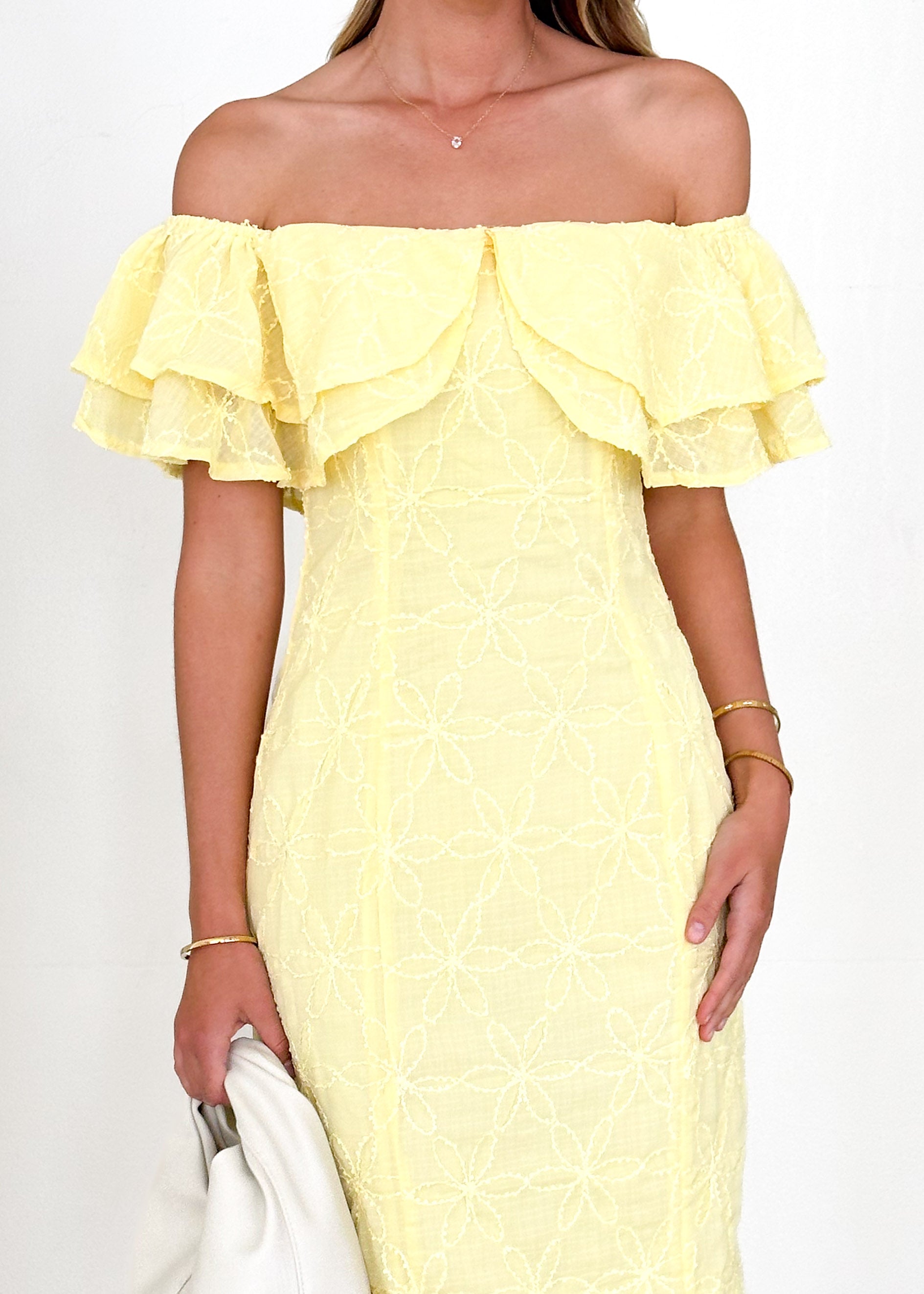 Mona Off Shoulder Midi Dress - Lemon