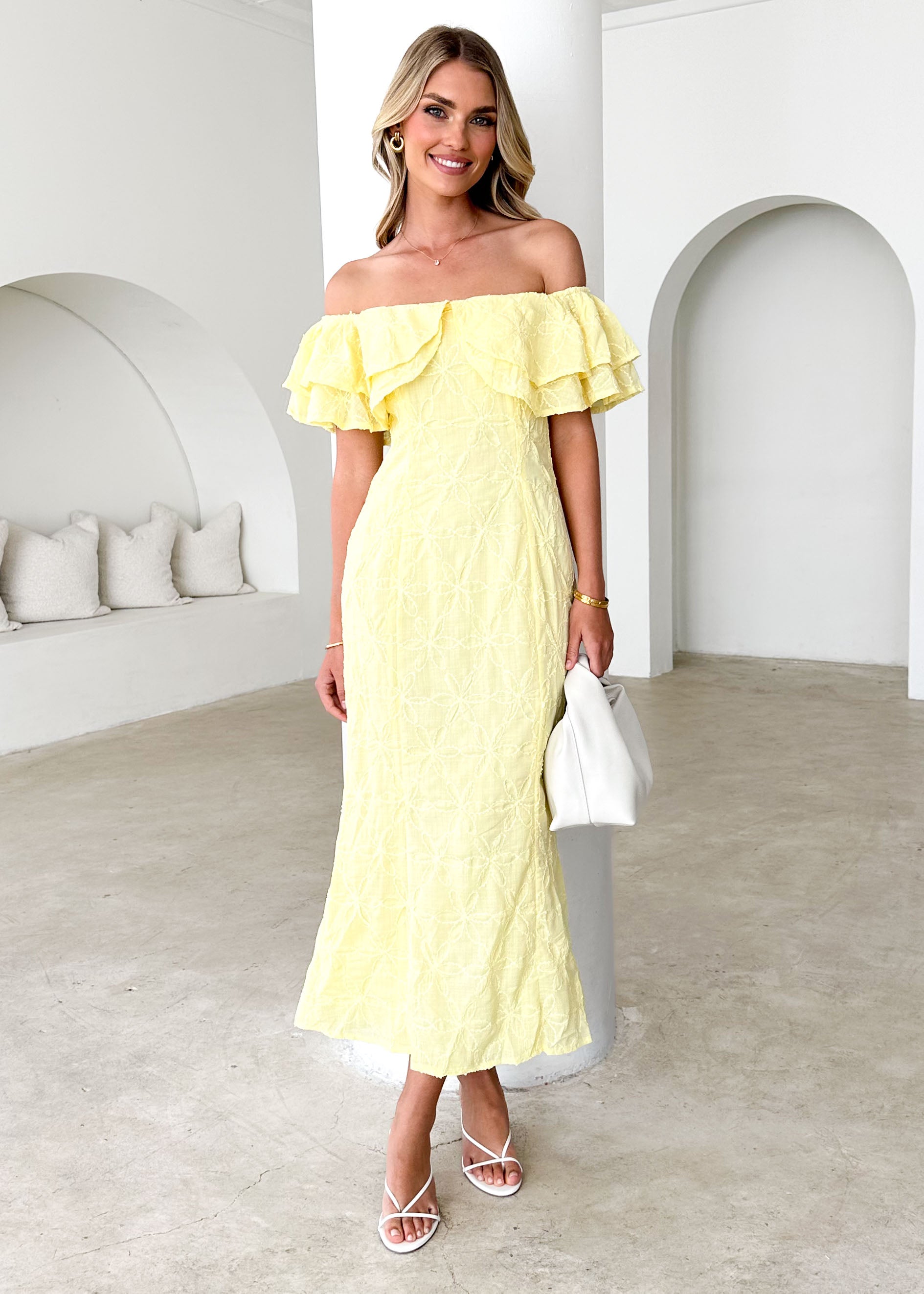 Mona Off Shoulder Midi Dress - Lemon