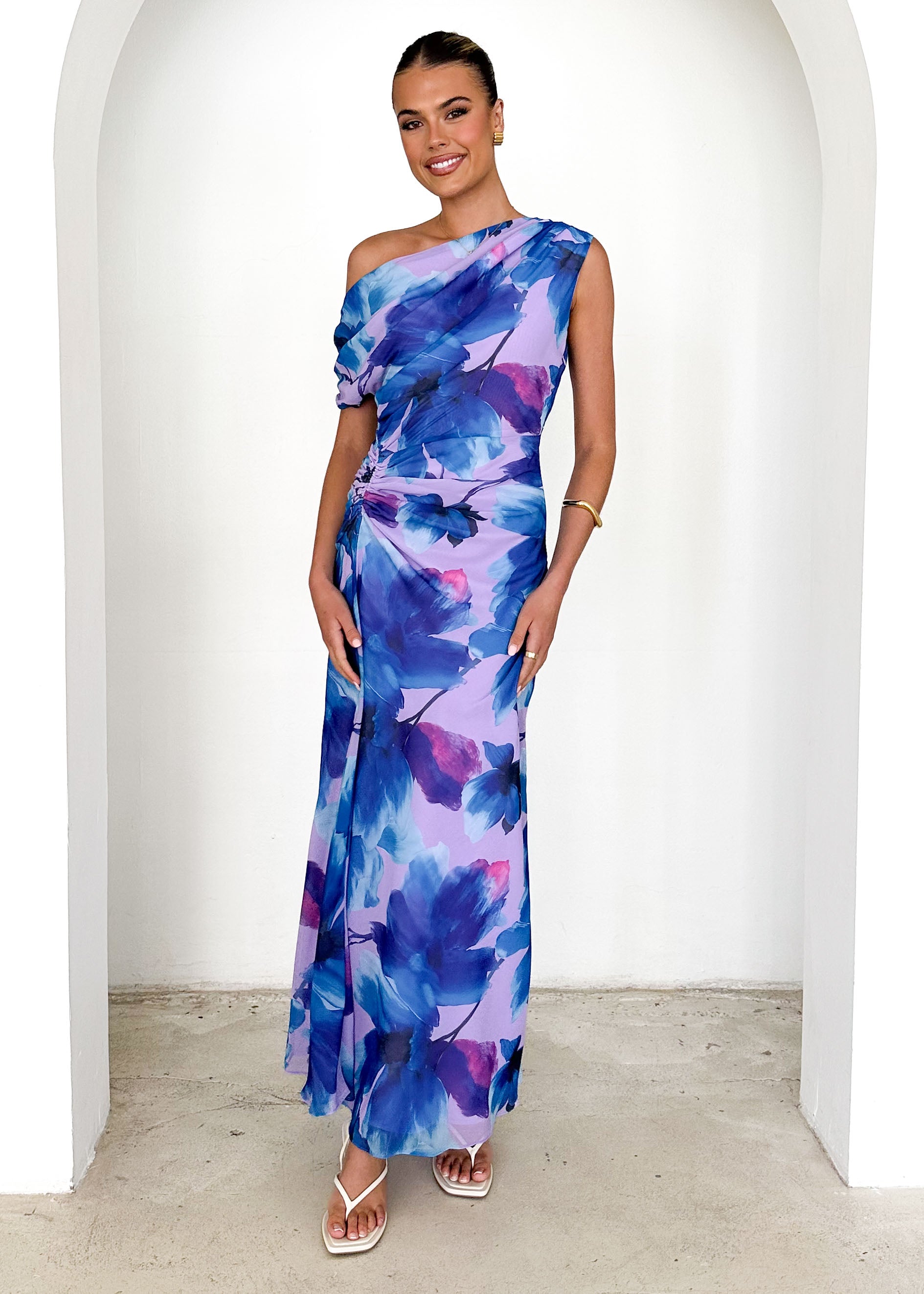 Byron One Shoulder Maxi Dress - Blue Flowers