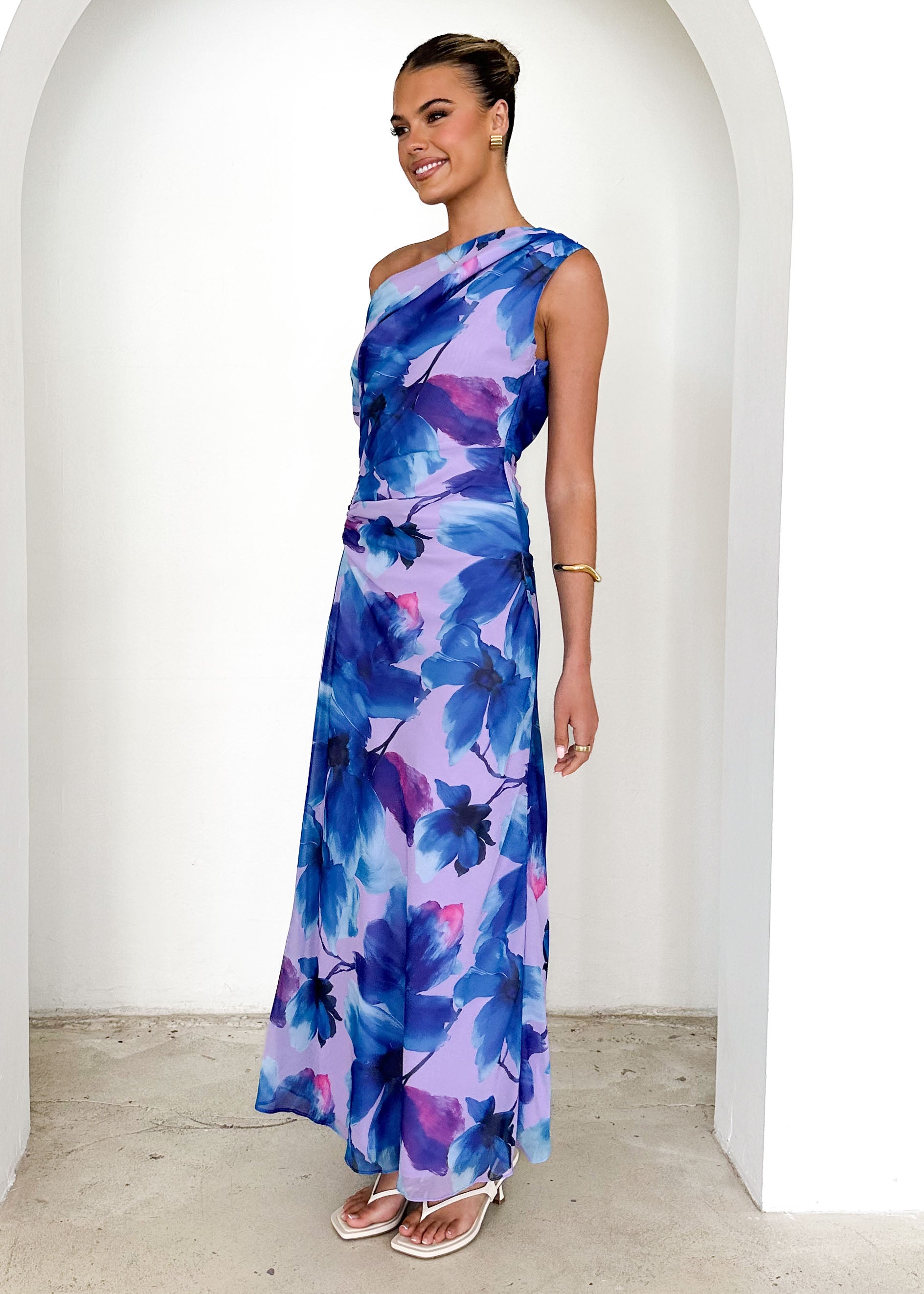 Byron One Shoulder Maxi Dress - Blue Flowers