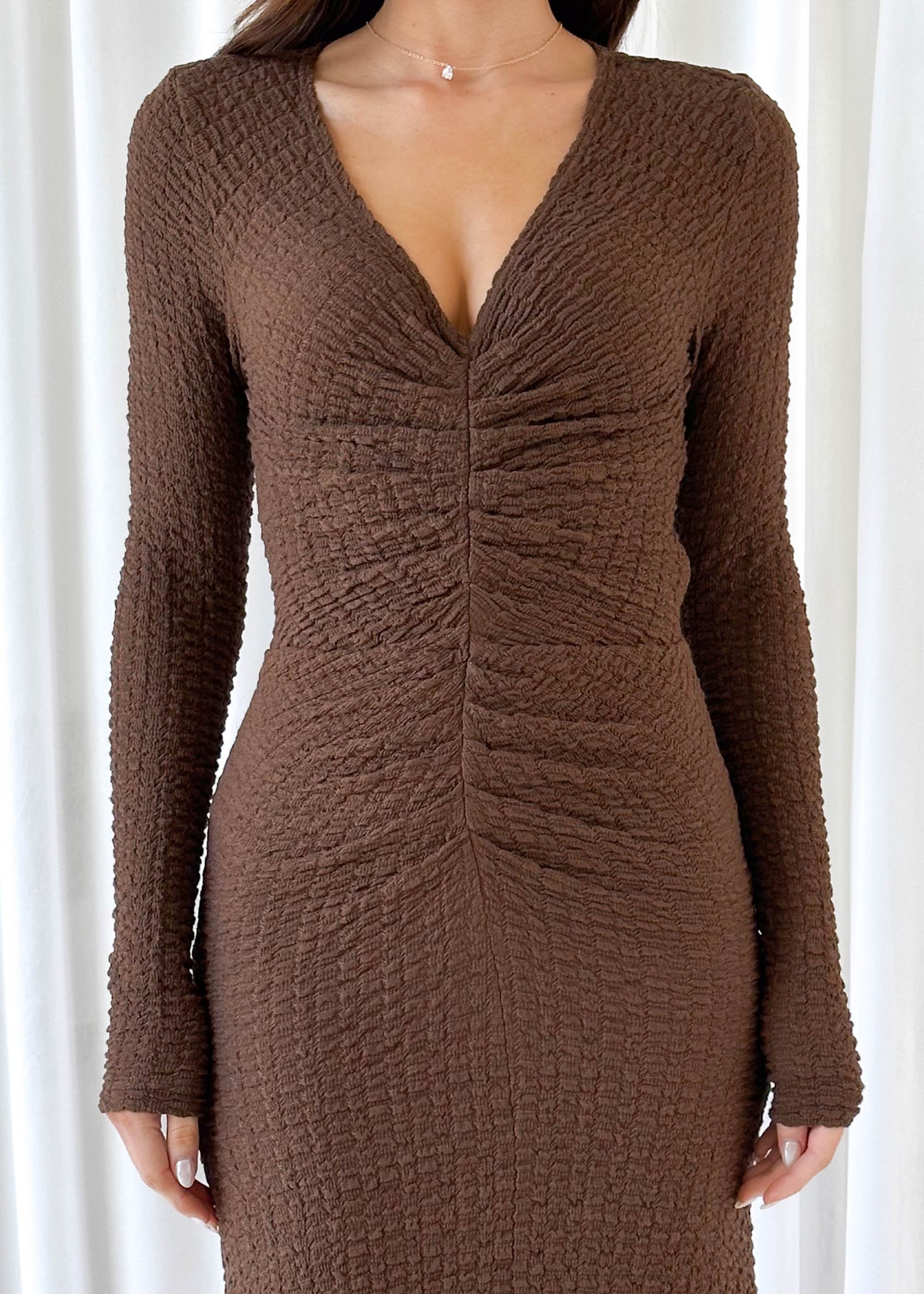 Alpha Ruched Midi Dress - Chocolate