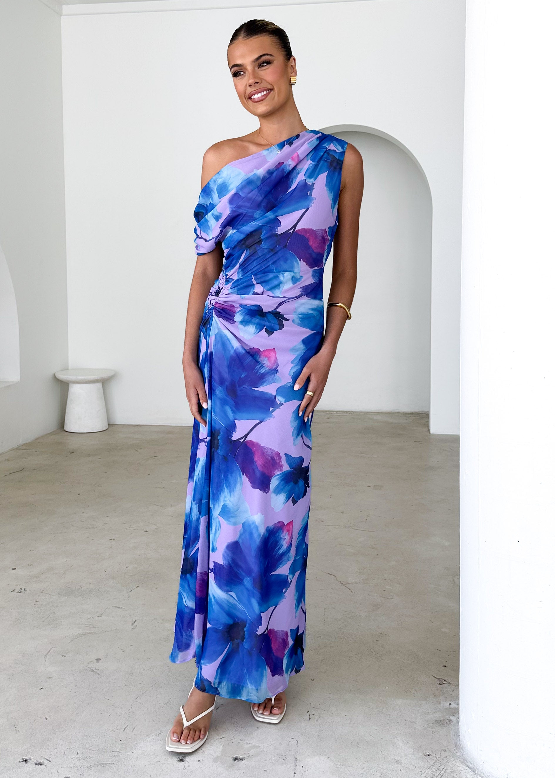 Byron One Shoulder Maxi Dress - Blue Flowers