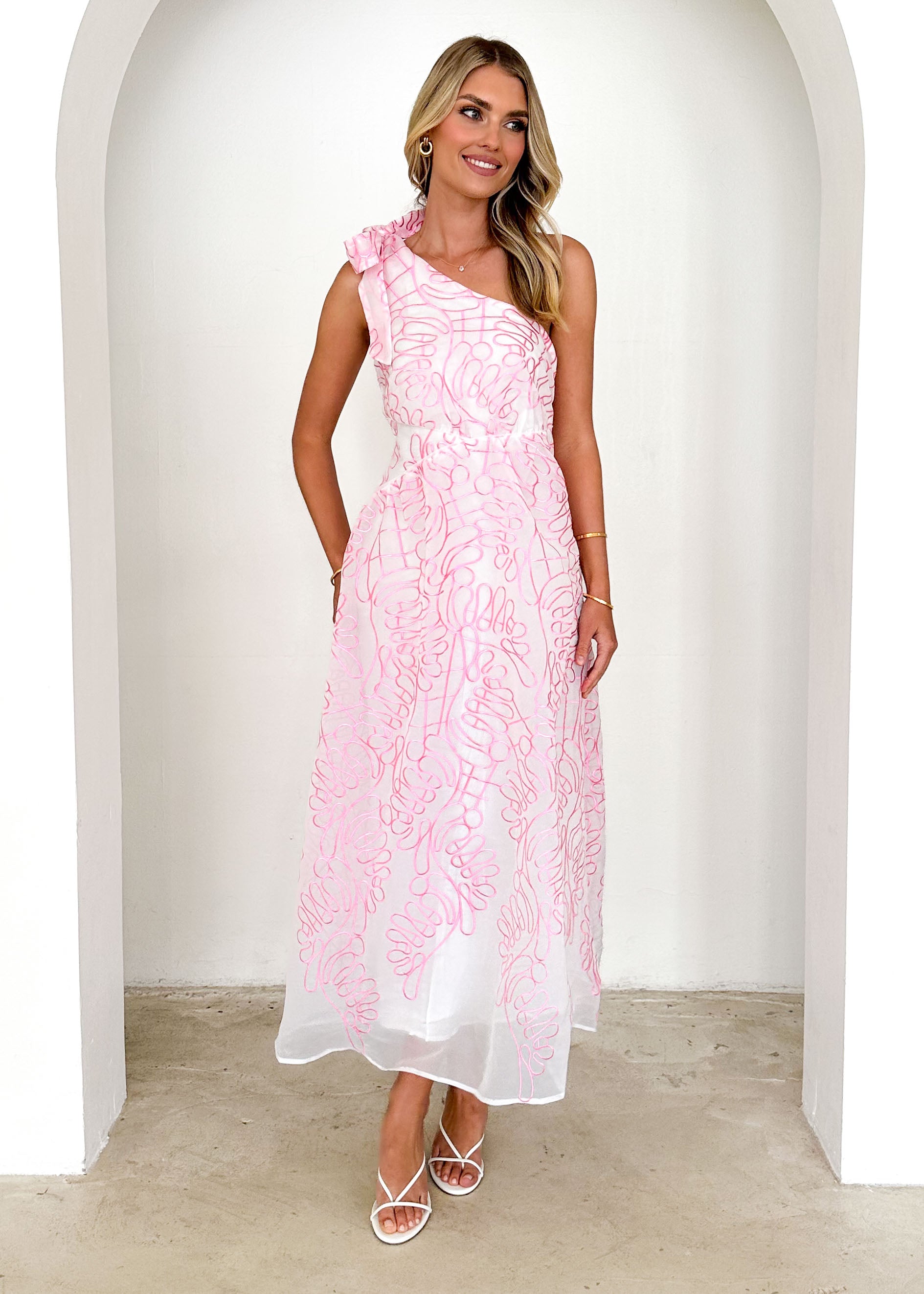 Amalfi One Shoulder Midi Dress - Pink Embroidered