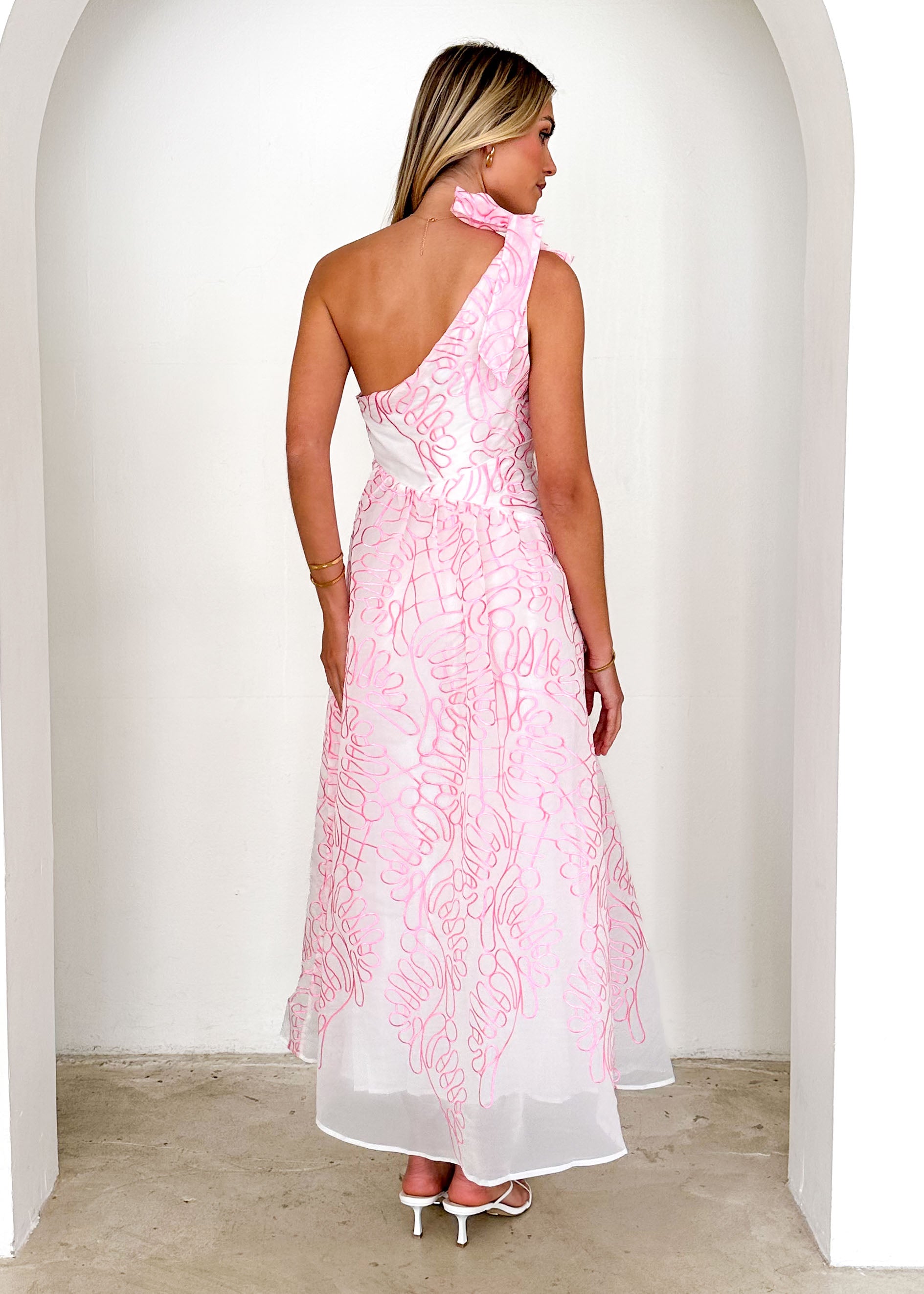 Amalfi One Shoulder Midi Dress - Pink Embroidered