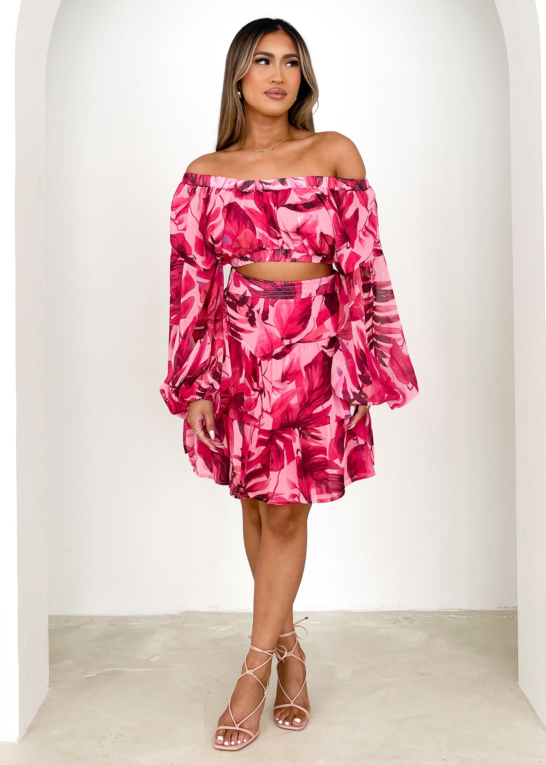 Marta Off Shoulder Crop - Magenta Floral