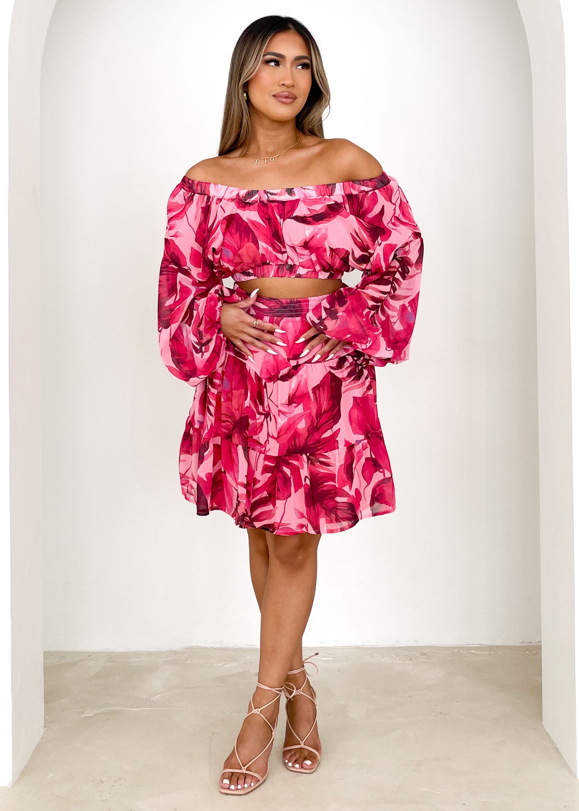 Marta Off Shoulder Crop - Magenta Floral