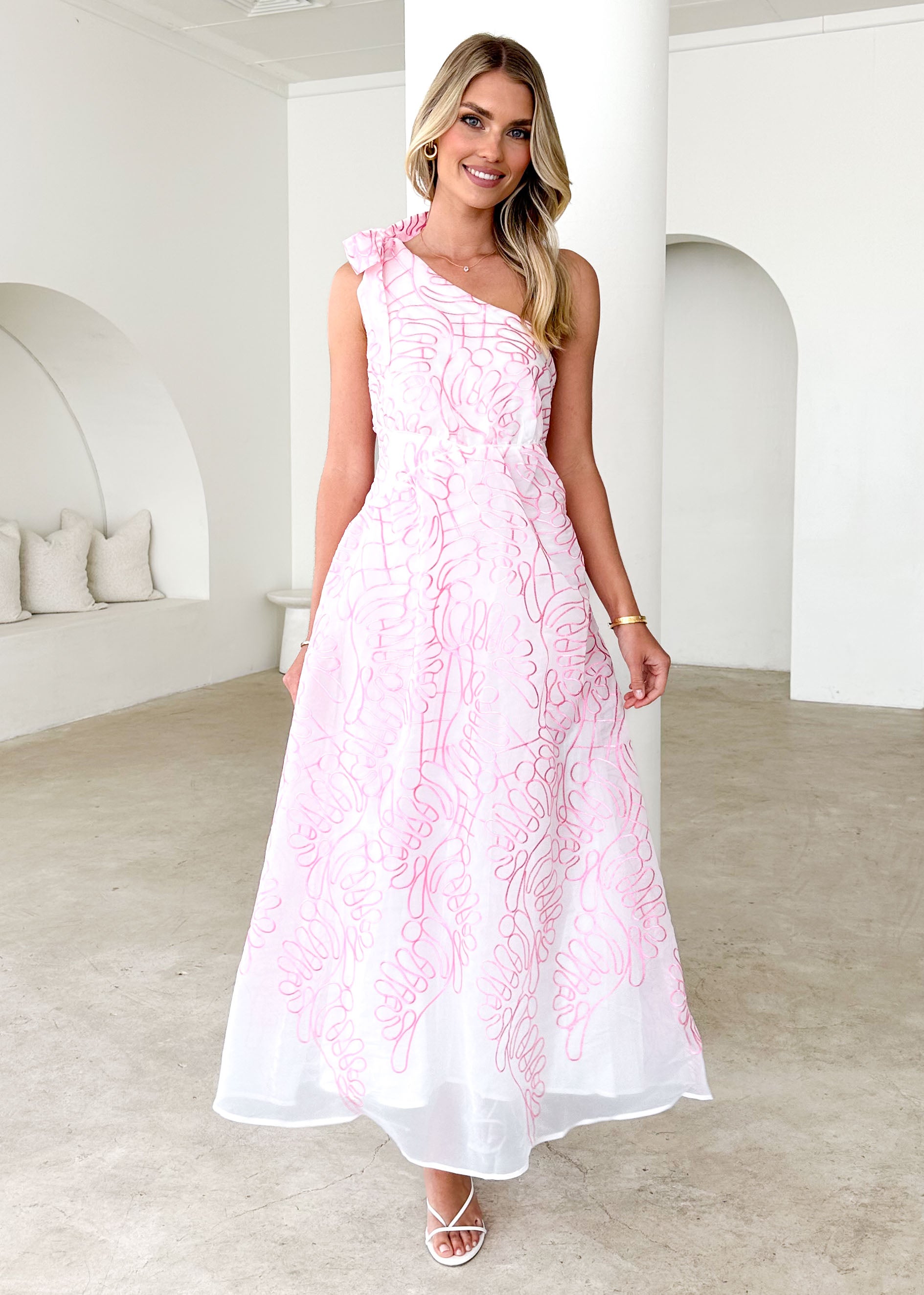 Amalfi One Shoulder Midi Dress - Pink Embroidered