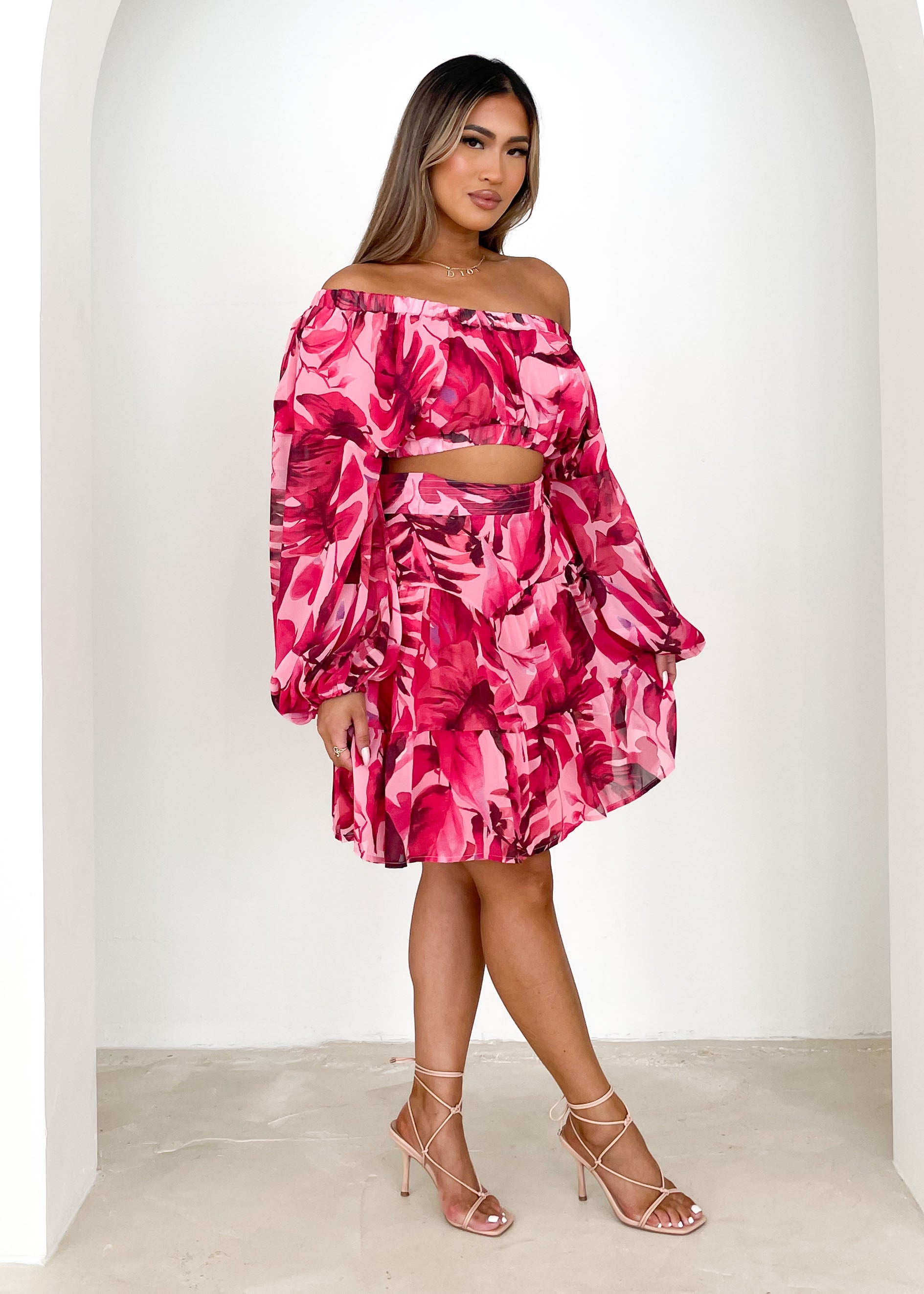 Marta Off Shoulder Crop - Magenta Floral