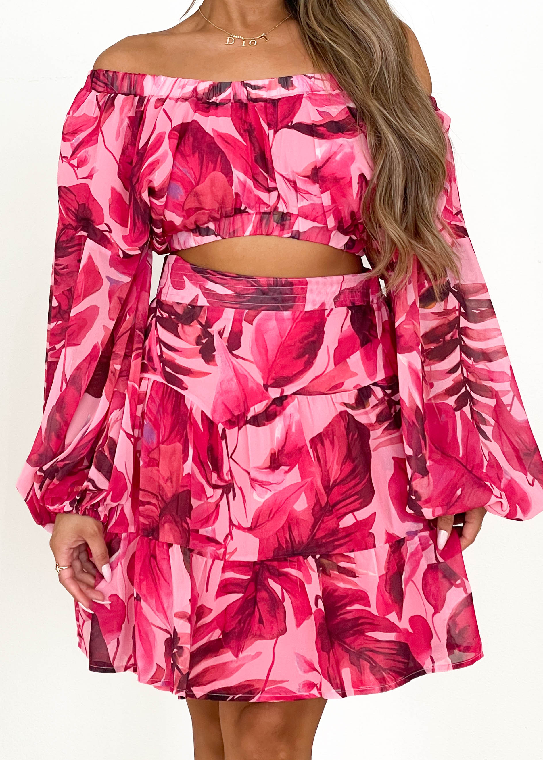 Marta Off Shoulder Crop - Magenta Floral