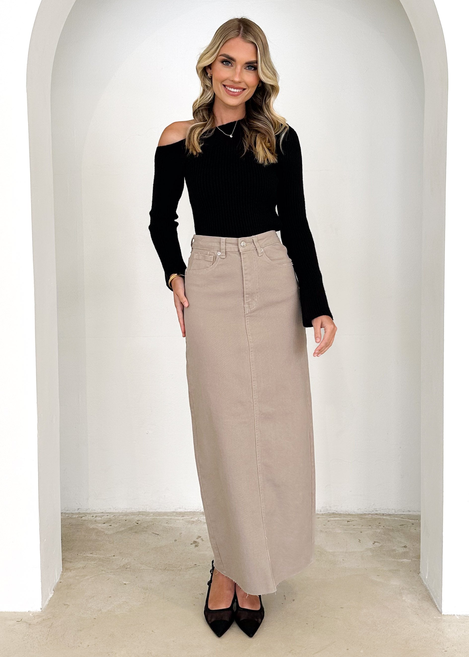 Amellia Stretch Denim Midi Skirt - Mocha