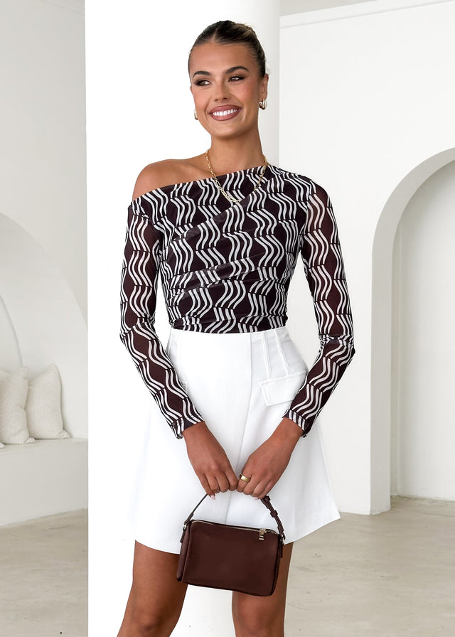 Ablo Mesh Off Shoulder Top - Espresso Geo